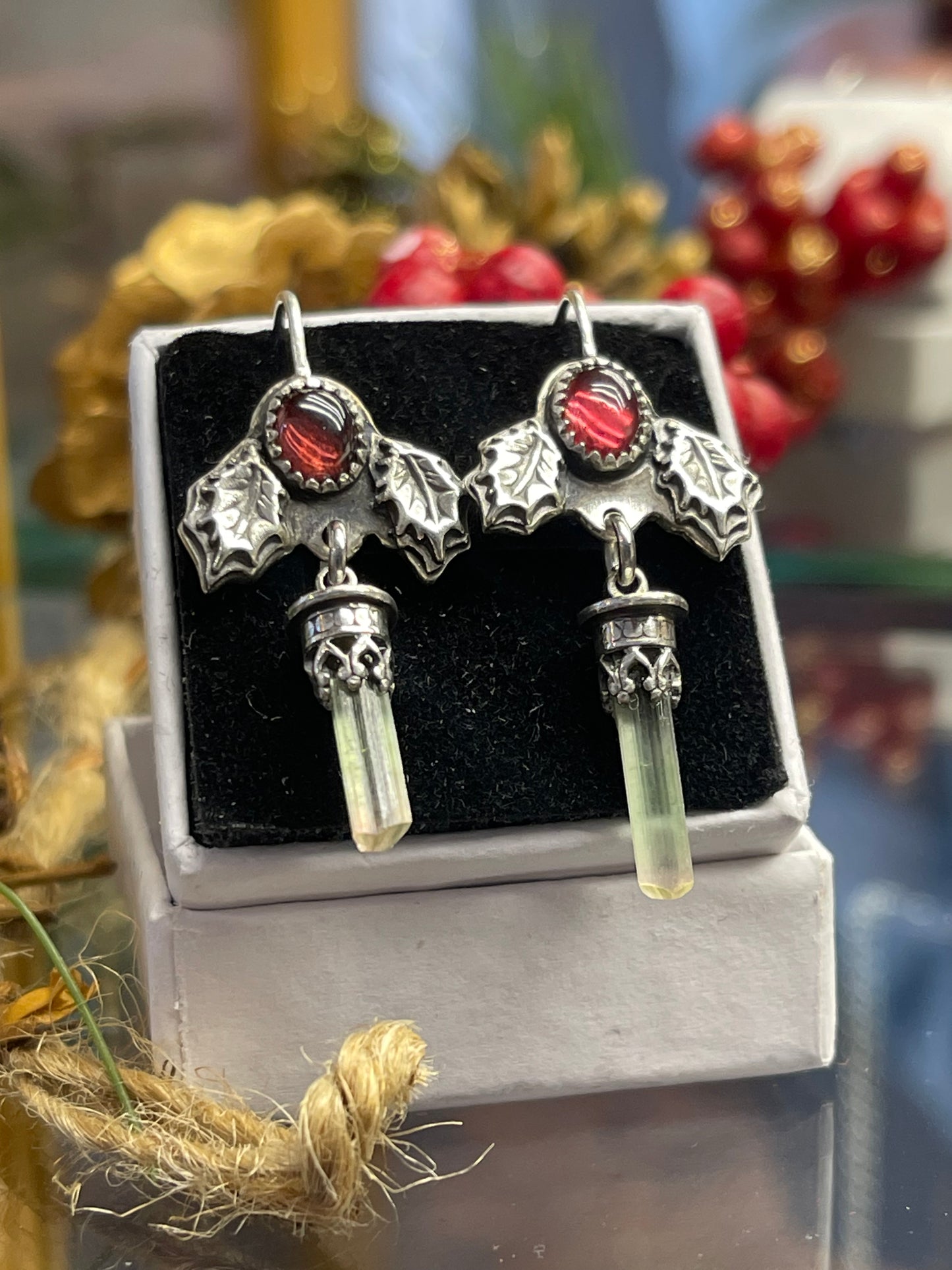 Festive Holly Crystal Dangle Earrings