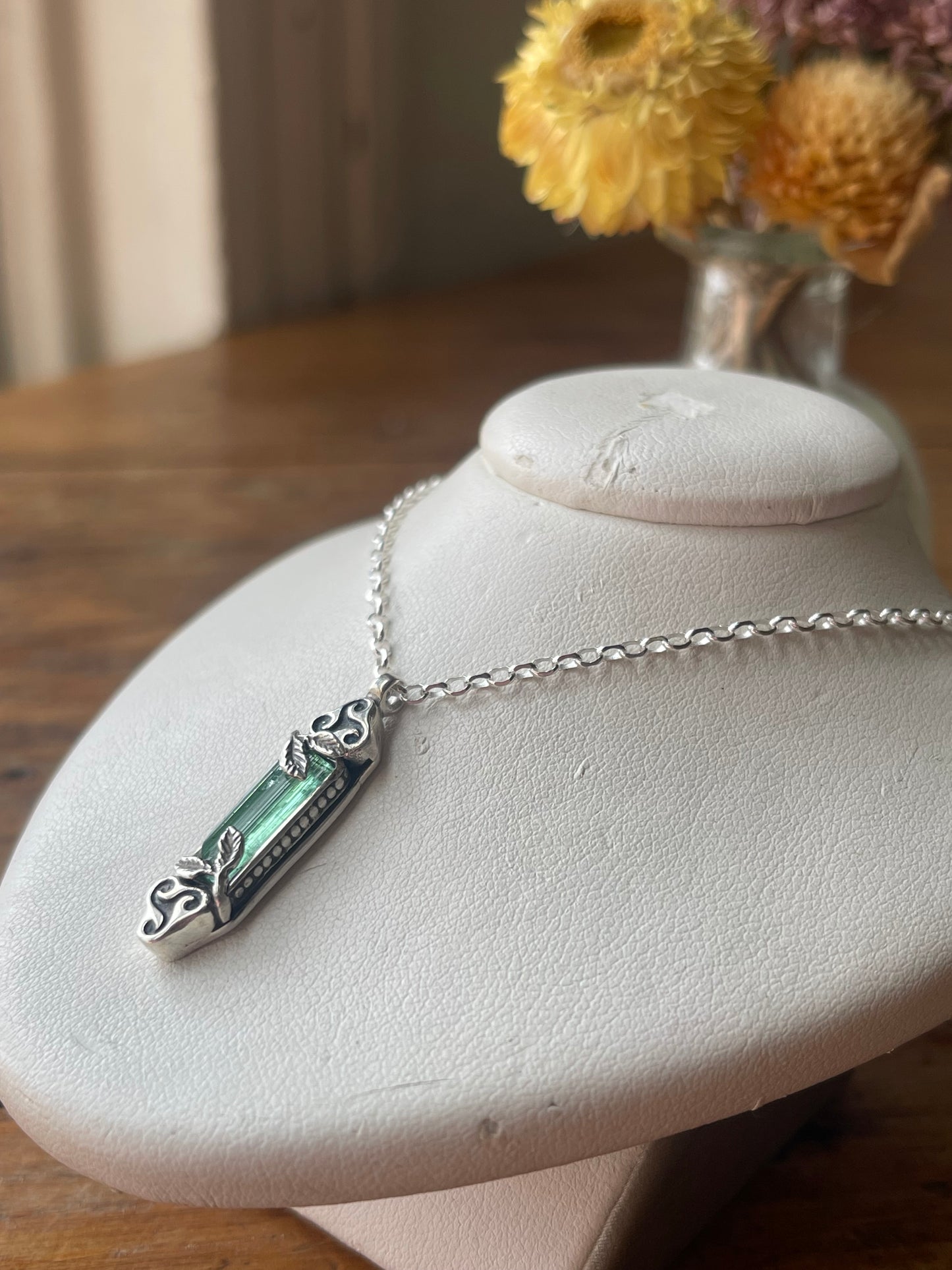 *Mabon’s Treasure • Green Tourmaline Crystal Triskelion Celtic Pendant Necklace