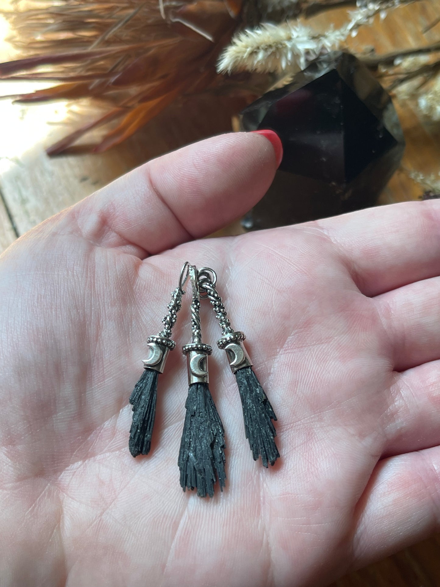 Black Kyanite Crystal Lunar Witch Broom Pendant PRE-ORDER