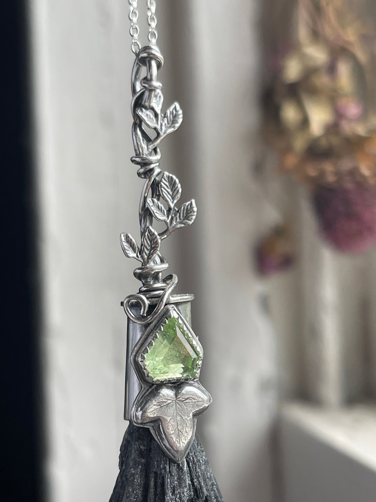 Elvish Ivy Forest Witch Crystal Broom Pendant