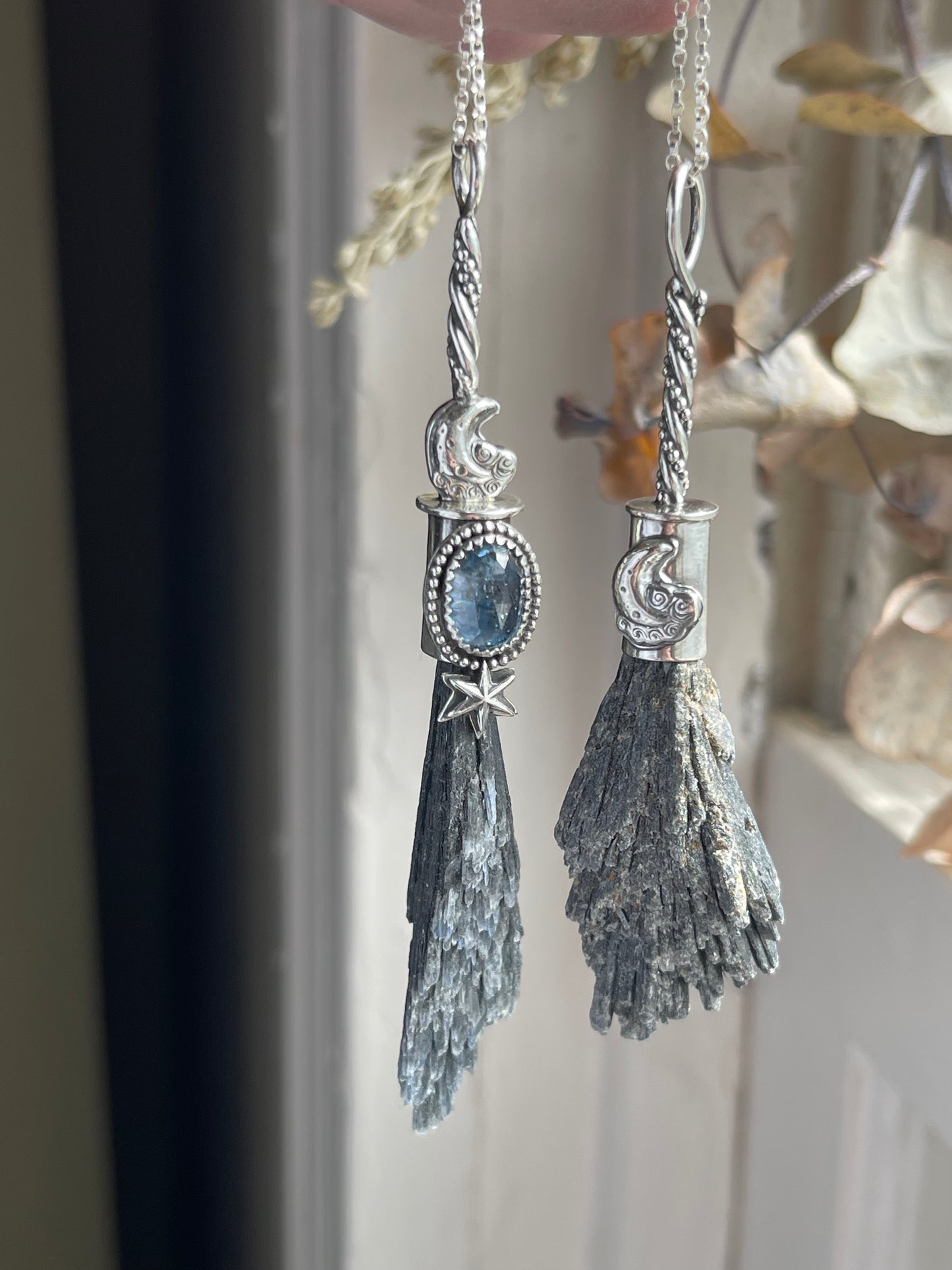 Celestial Witch Teal Kyanite Crystal Witch Broom Pendant
