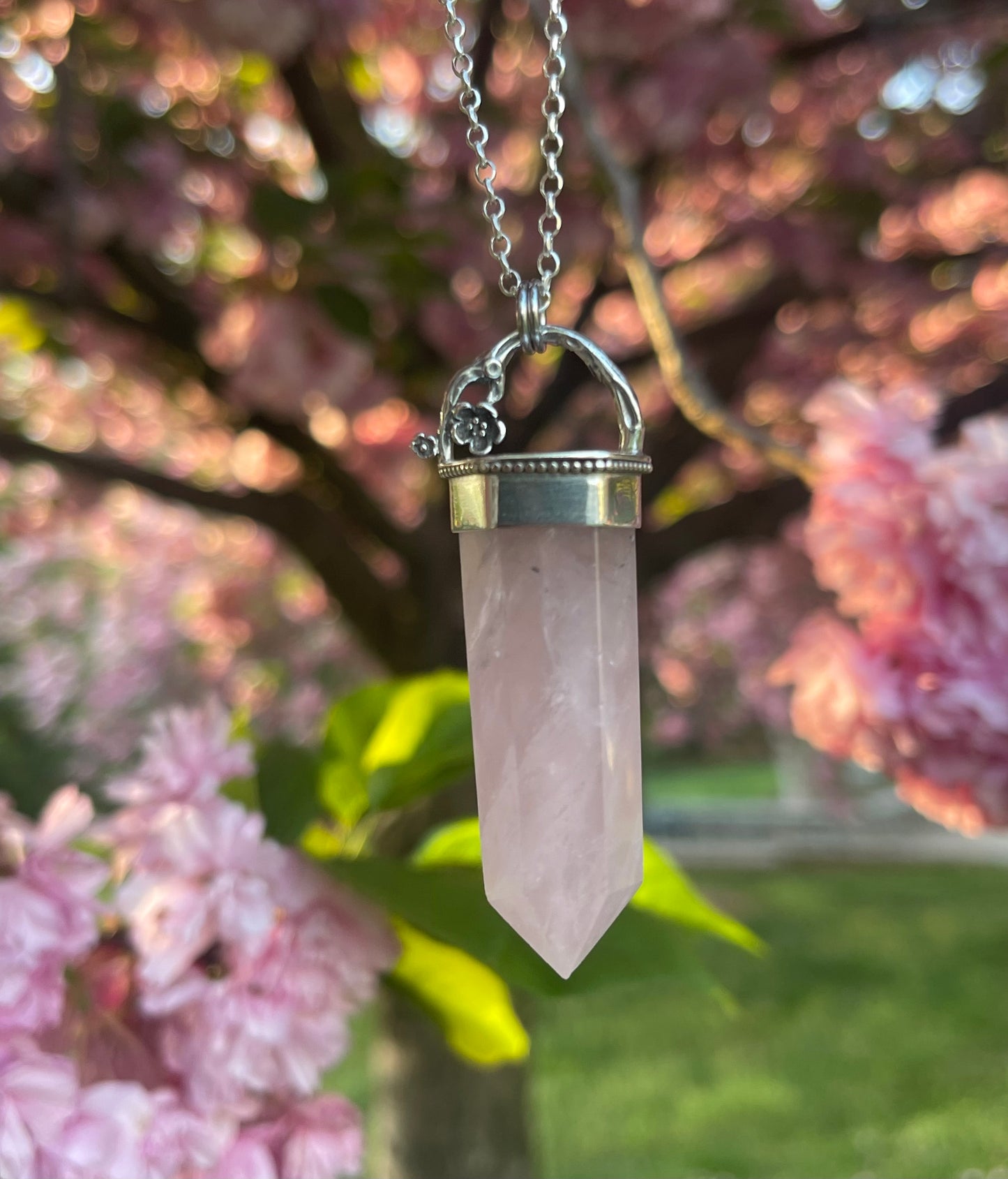 Cherries & Roses • Rose Quartz Crystal Floral pendant necklace