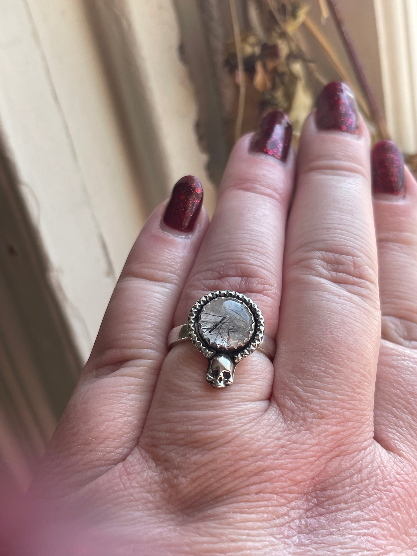 Black Rutilated Quartz Skull Ring