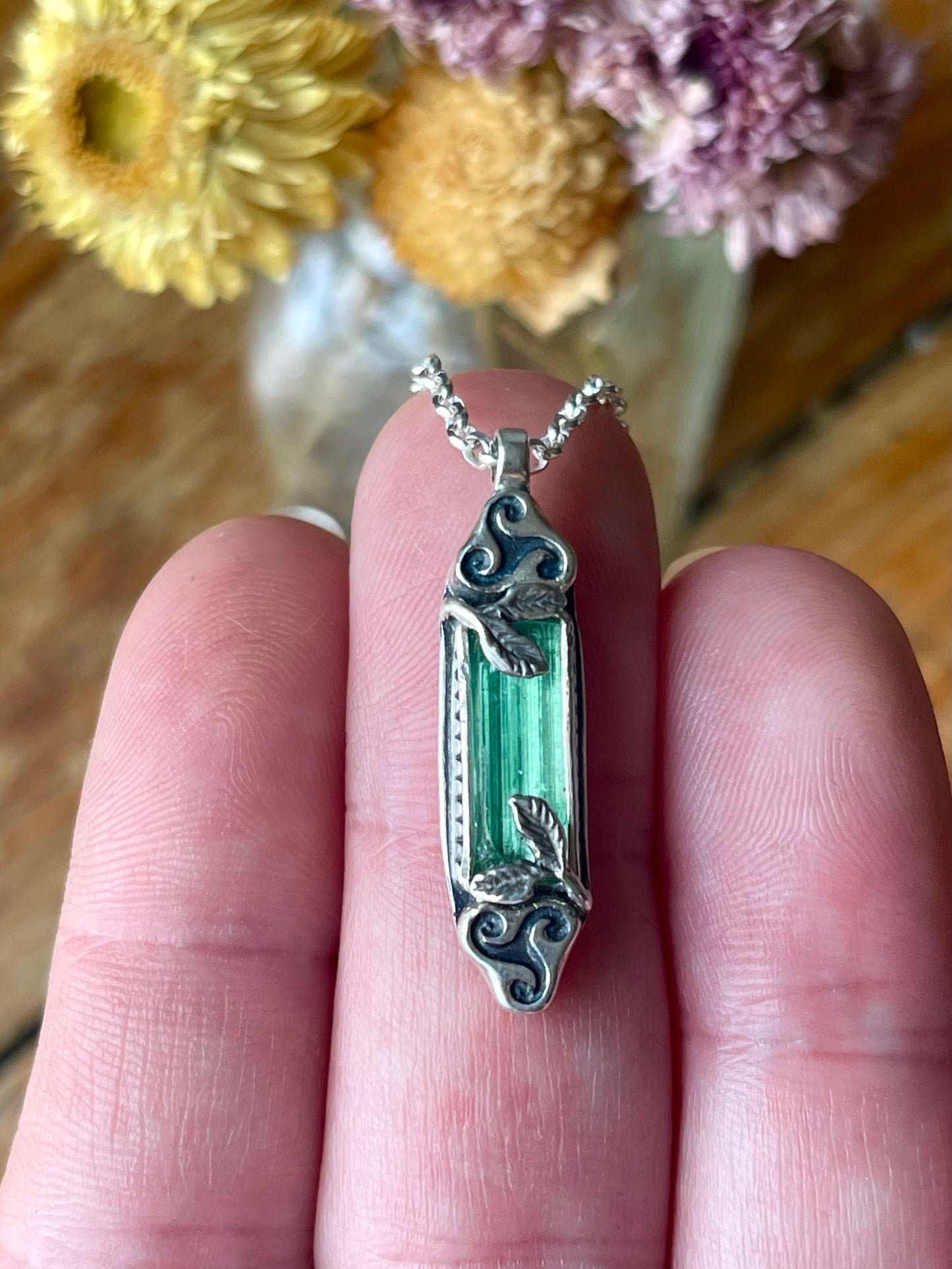 *Mabon’s Treasure • Green Tourmaline Crystal Triskelion Celtic Pendant Necklace