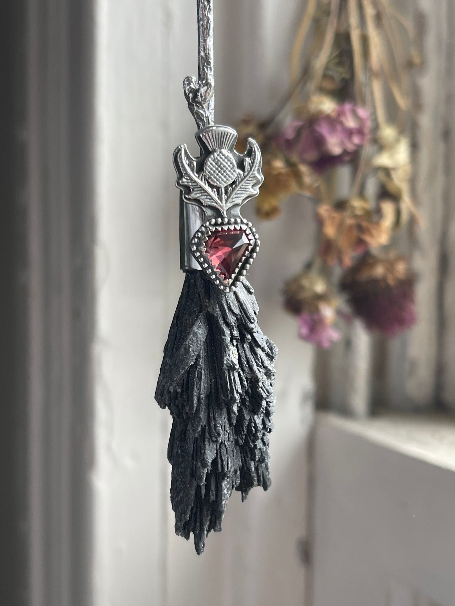 Cottage Witch Thistle Garnet Crystal Broom Pendant