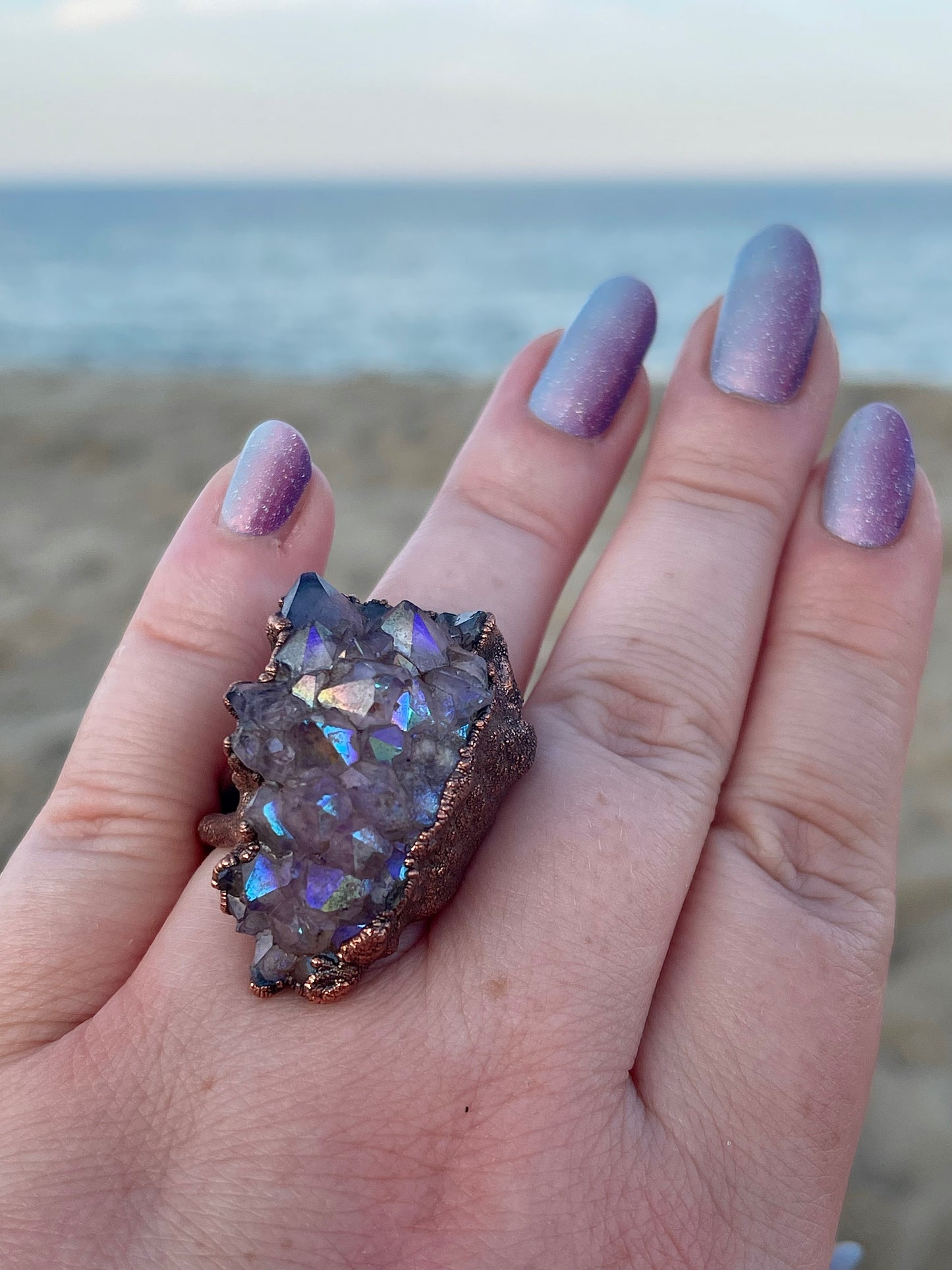 Angel Aurafied Geode Quartz Electroformed Copper Statement Ring