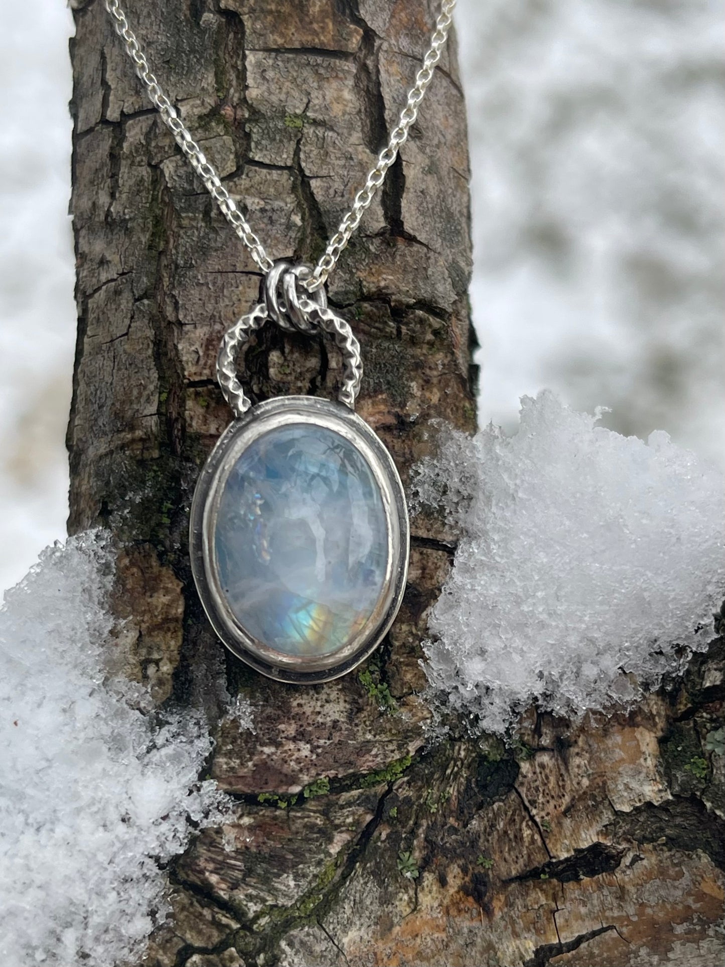 *Winter Moon • Sterling Silver Rainbow Moonstone Pendant Necklace