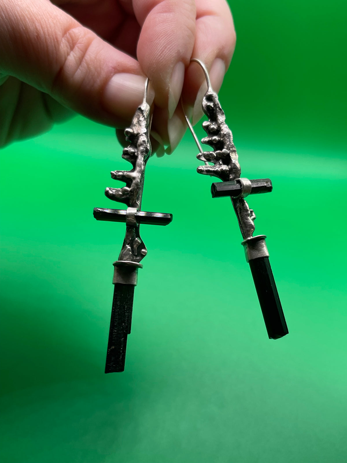 *Skeletal Fragments • Dark Green Tourmaline Crystal Statement Earrings • Fused Sterling Silver