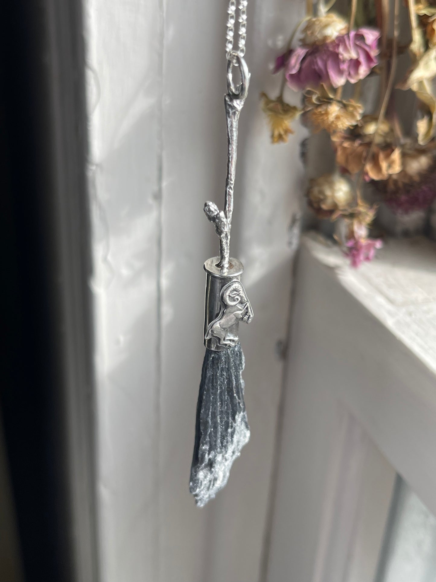 Aries Ram Forest Witch Crystal Broom Pendant