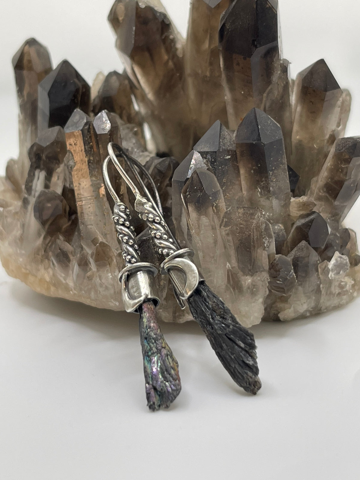 *Bebe Lunar Witch Broom Crystal Drop Earrings • Black Kyanite & Sterling Silver
