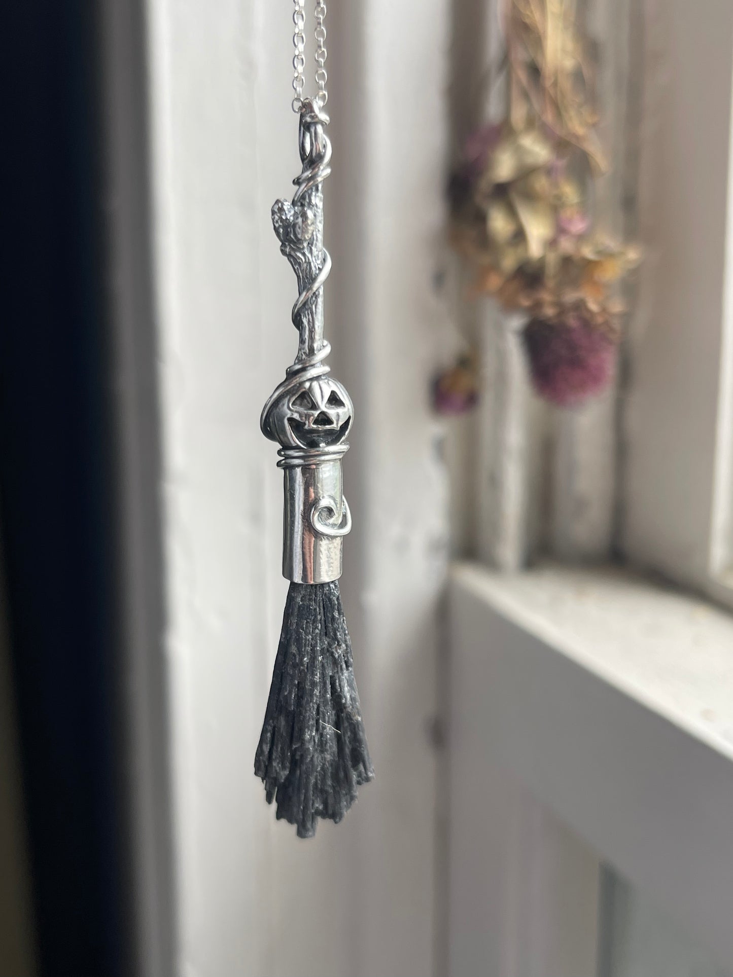 Classic Pumpkin Autumn Witch Crystal Broom Pendant