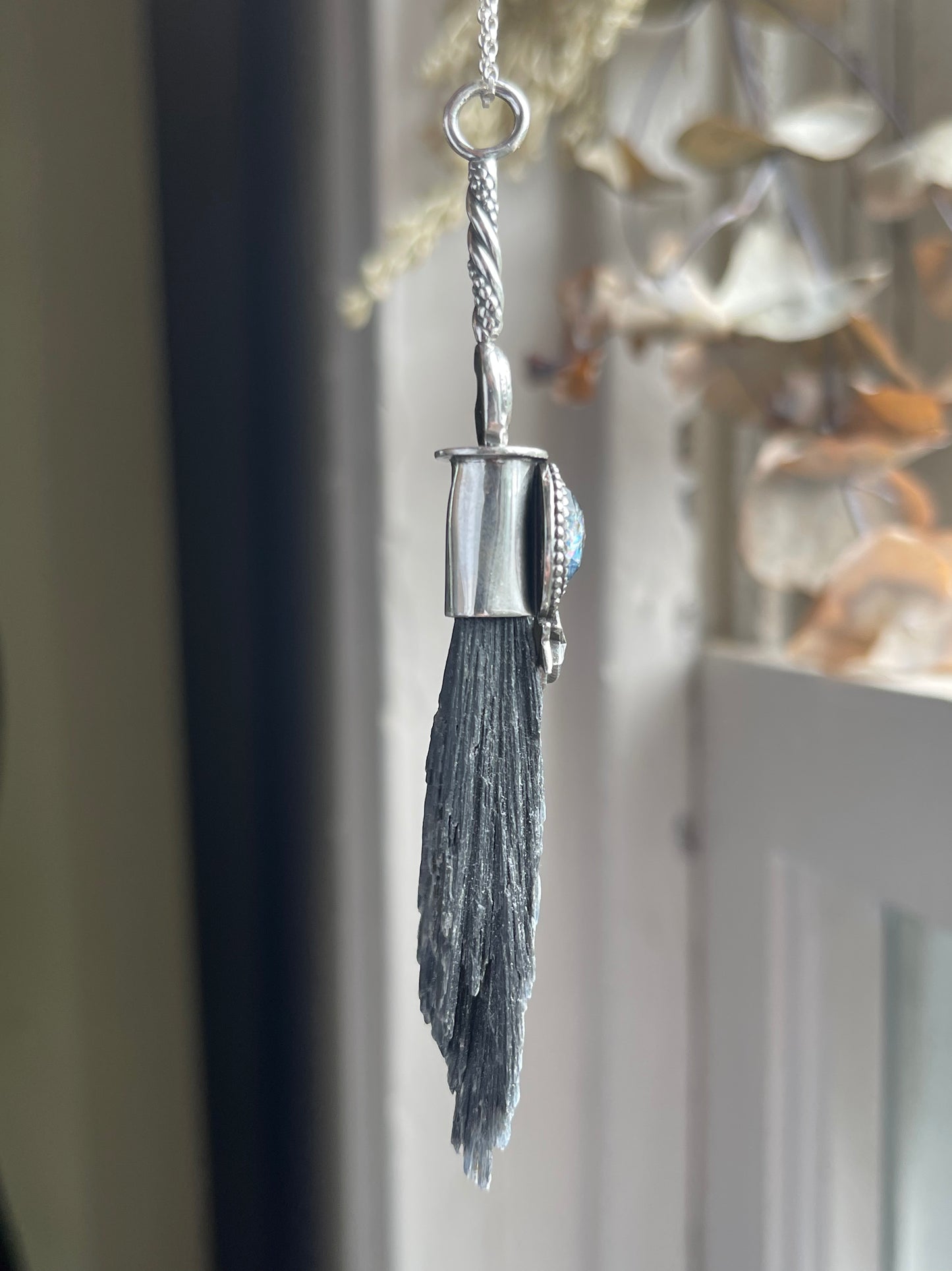 Celestial Witch Teal Kyanite Crystal Witch Broom Pendant
