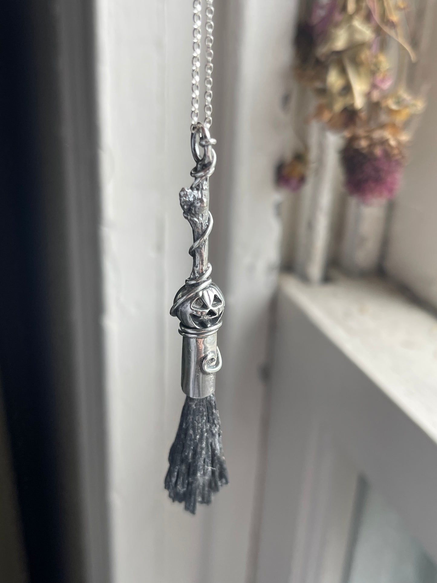Classic Pumpkin Autumn Witch Crystal Broom Pendant