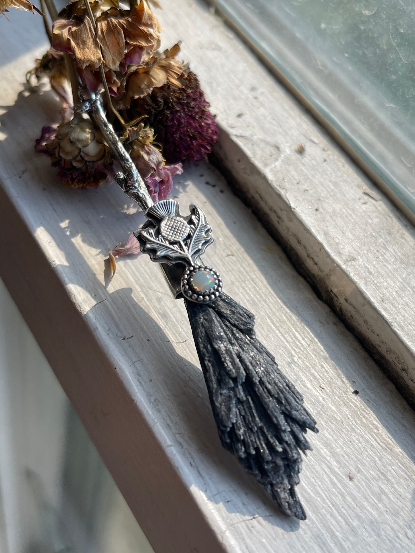 Thistle Opal Cottage Witch Crystal Broom Pendant