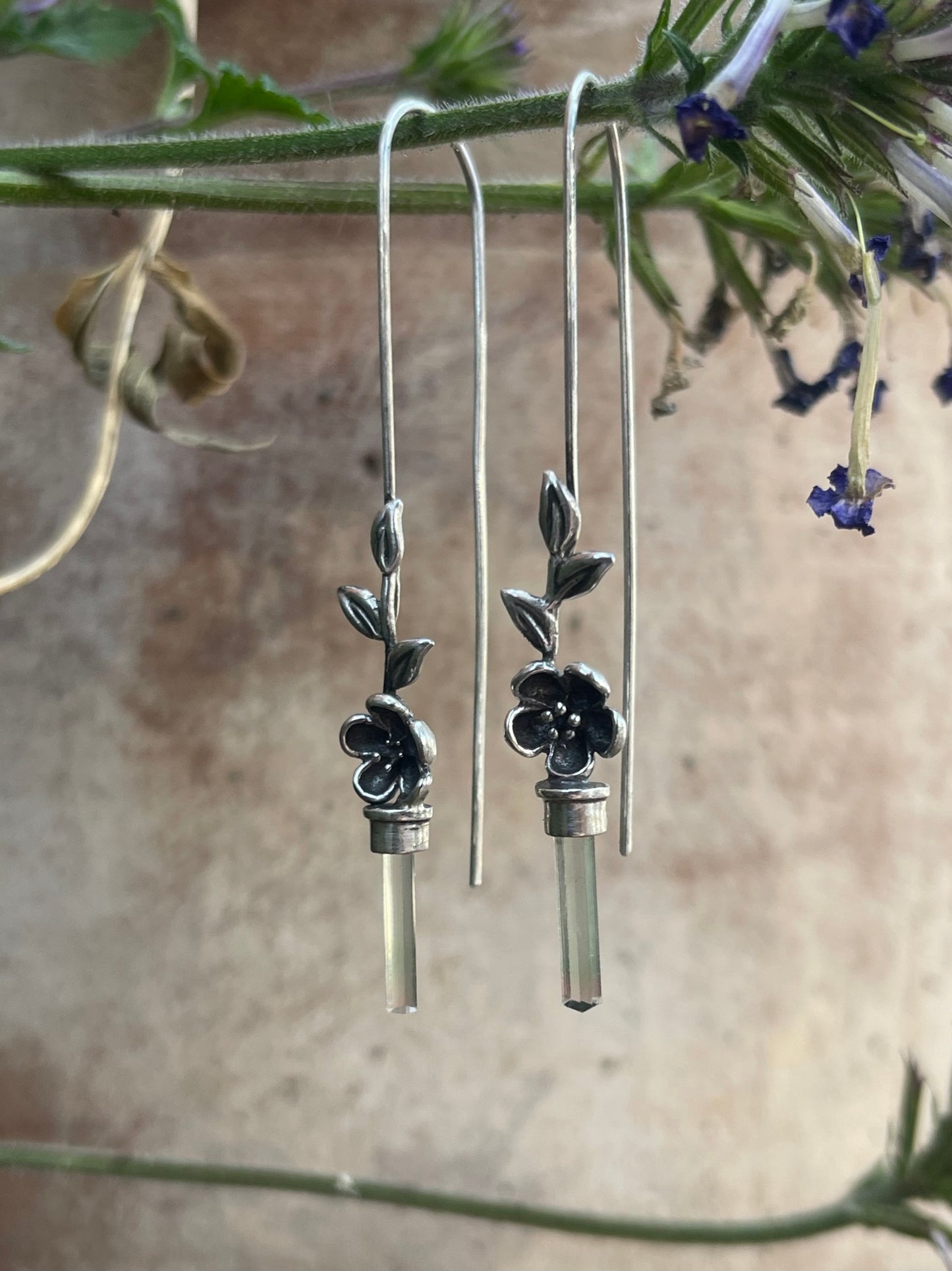 *Blooms on the Vine • Watermelon Tourmaline Crystal Cherry Blossom Long Drop Earrings • Sterling Silver