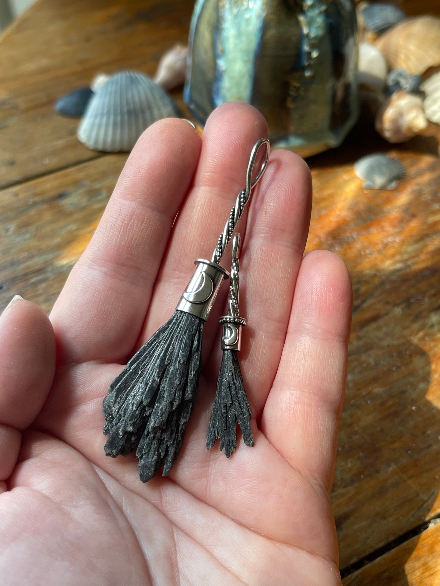 Black Kyanite Crystal Lunar Witch Broom Pendant PRE-ORDER