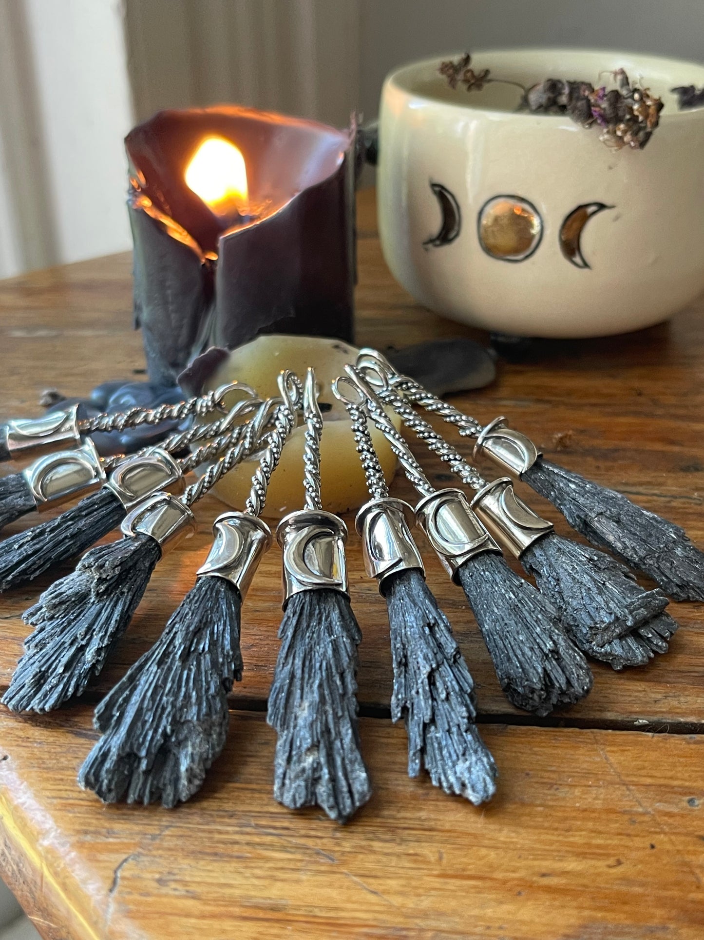 Black Kyanite Crystal Lunar Witch Broom Pendant PRE-ORDER