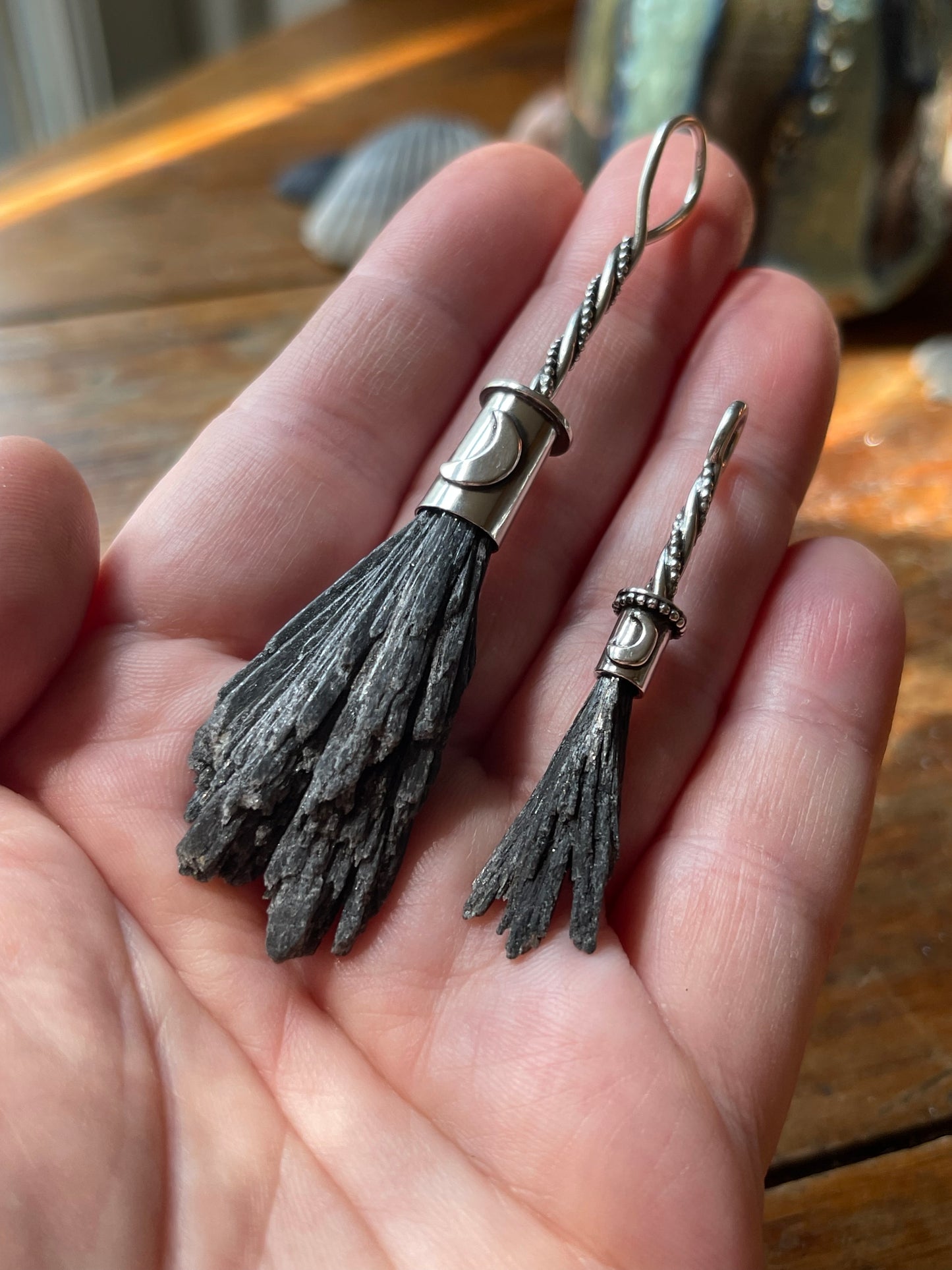 Black Kyanite Crystal Lunar Witch Broom Pendant PRE-ORDER