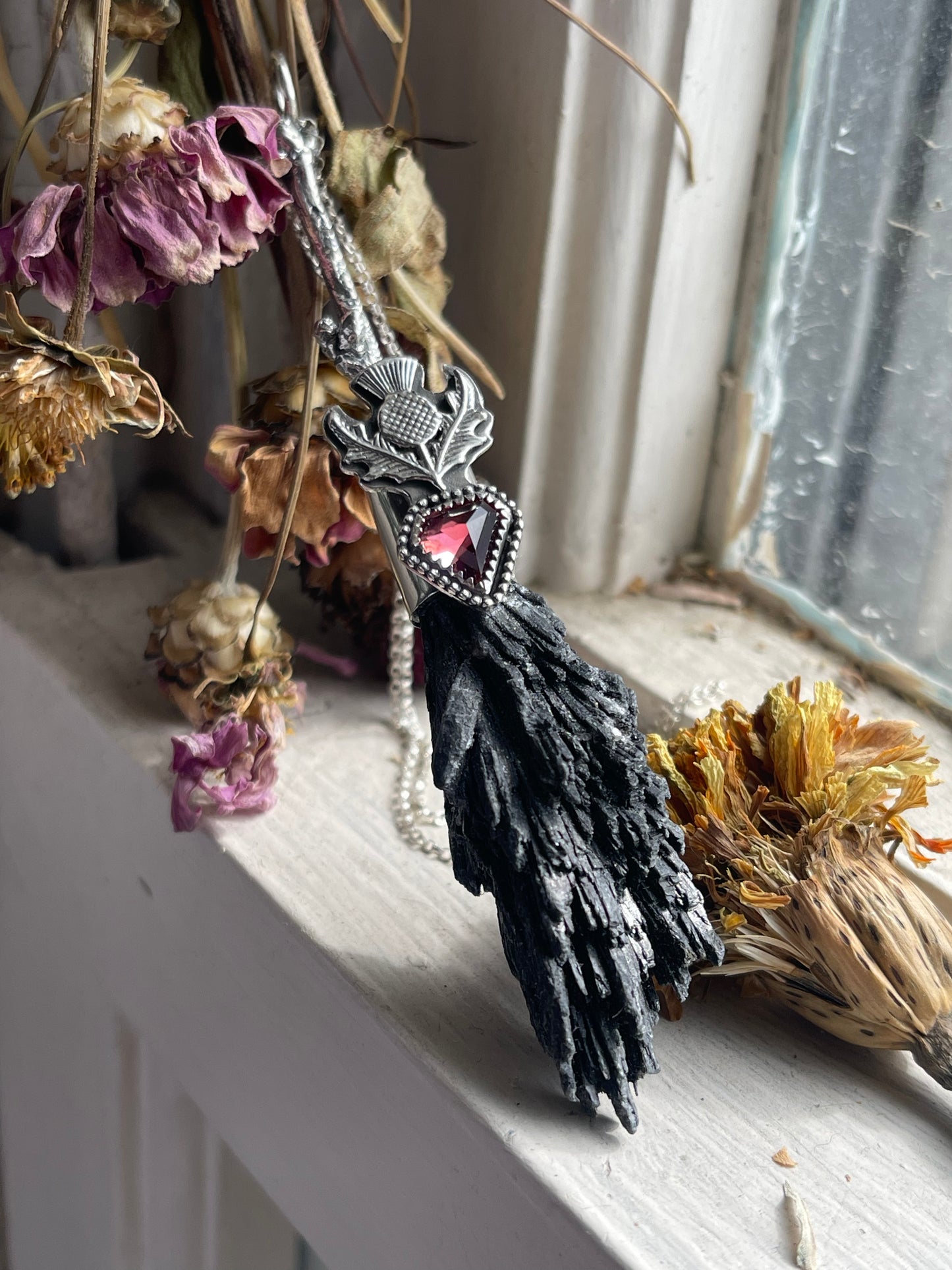 Cottage Witch Thistle Garnet Crystal Broom Pendant