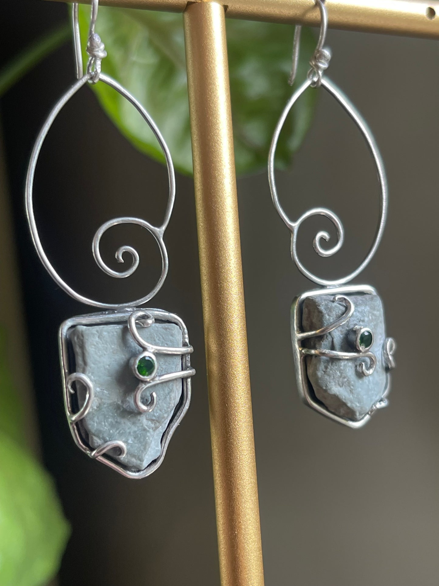 *Forest Snail Dangle Earrings • Chrome Diopside & River Rock • Sterling Silver