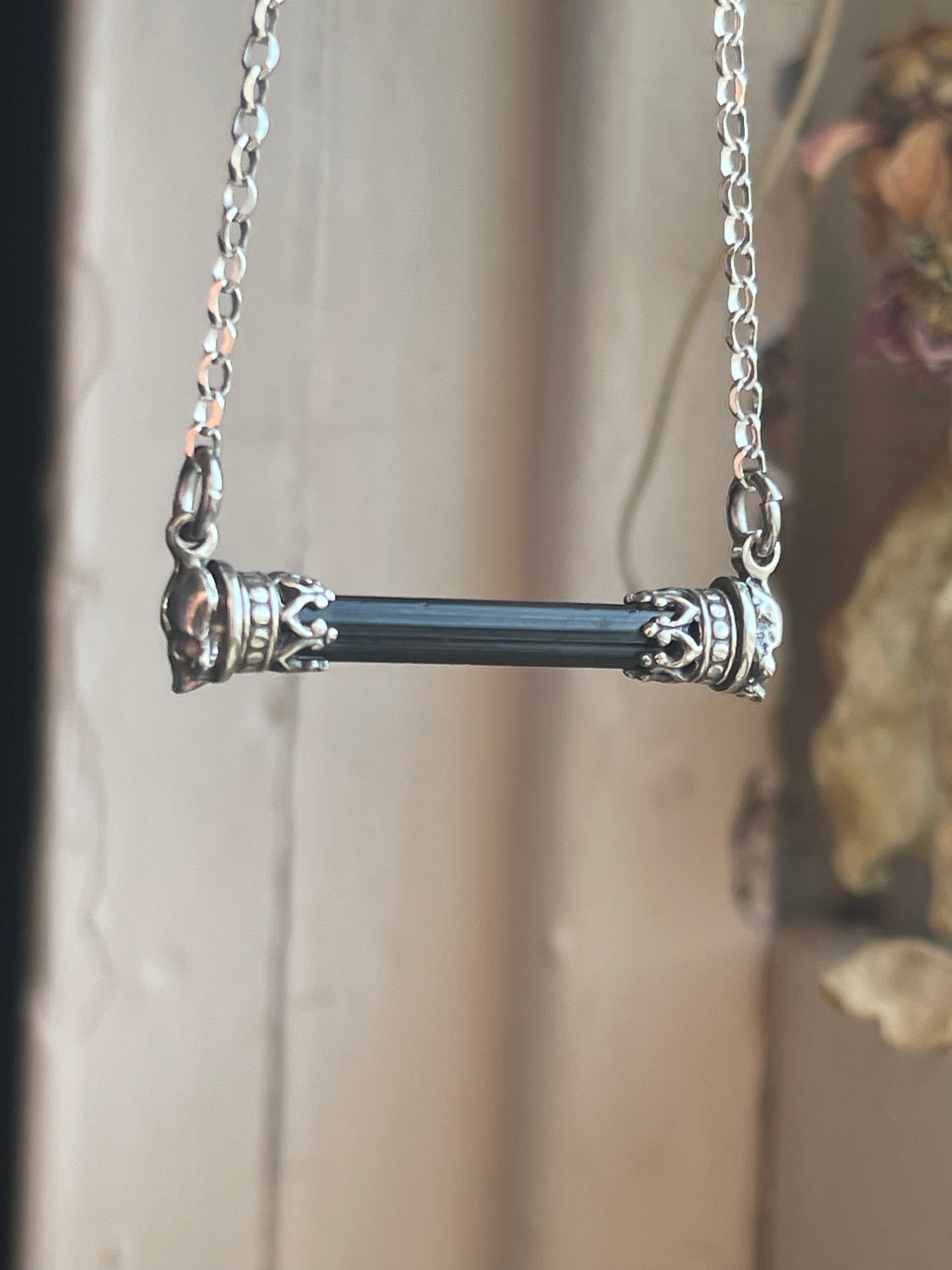 Black Tourmaline Crystal Gothic Skull Bar Necklace