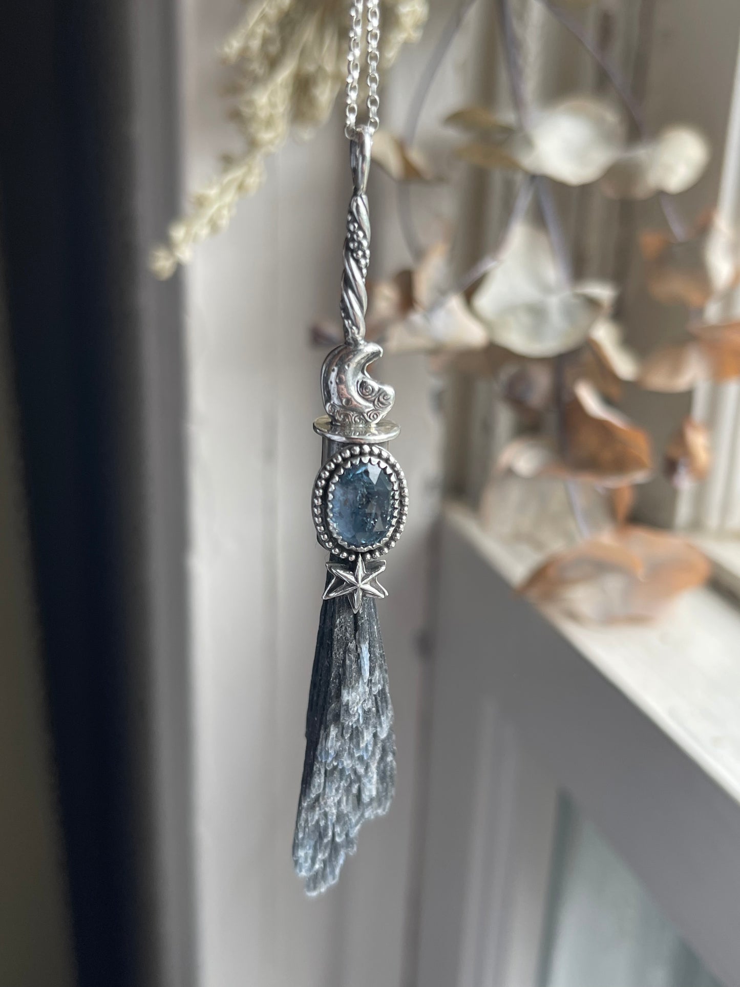 Celestial Witch Teal Kyanite Crystal Witch Broom Pendant