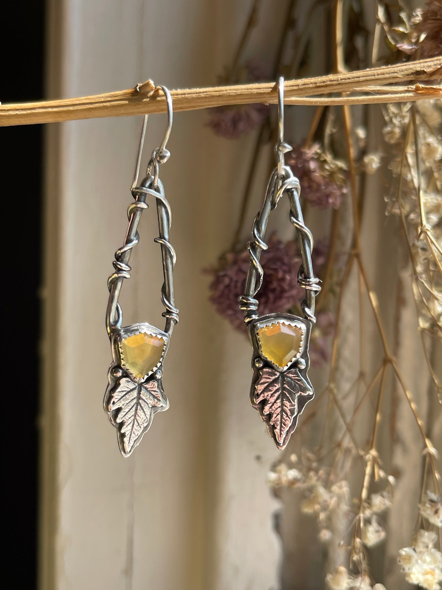 Leaves of Lórien • Oregon Fire Opal Leaf Drop Dangle Earrings
