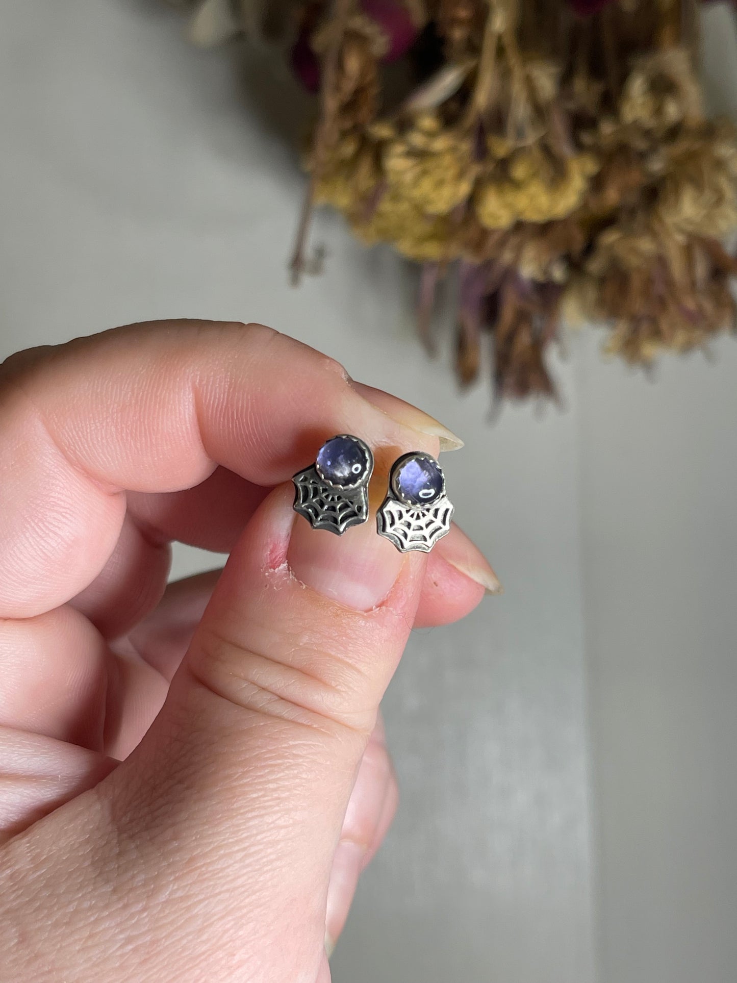 *Iolite Spider Web Sterling Silver Stud Earrings