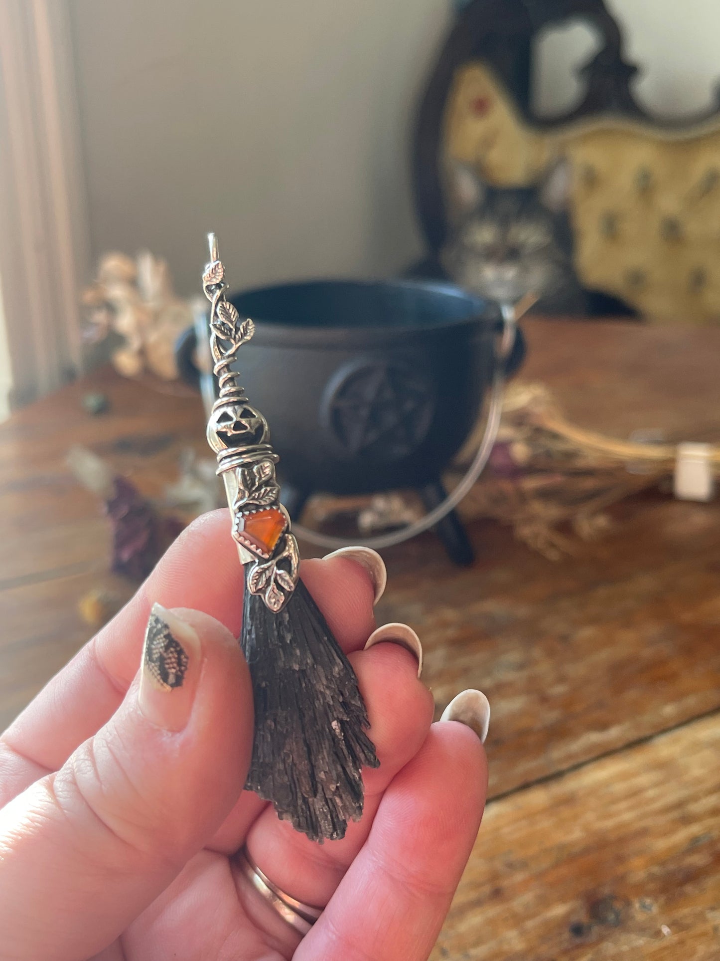 Glowing Garnet Pumpkin Autumn Witch Crystal Broom Pendant