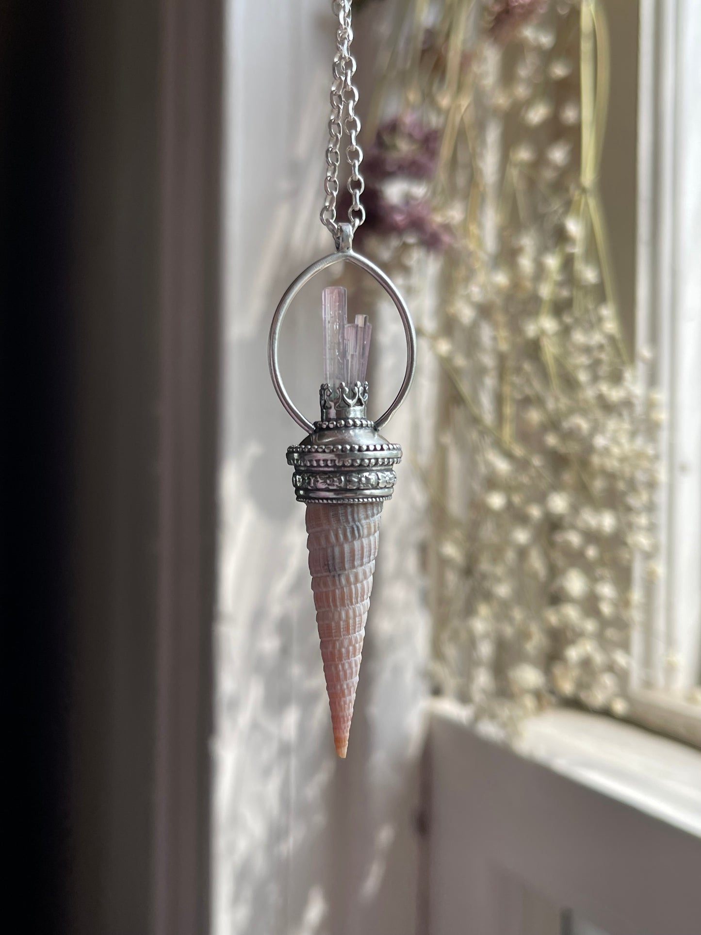 Elafonisi Tides • Pink Watermelon Tourmaline Crystal Shell Statement Pendant Necklace