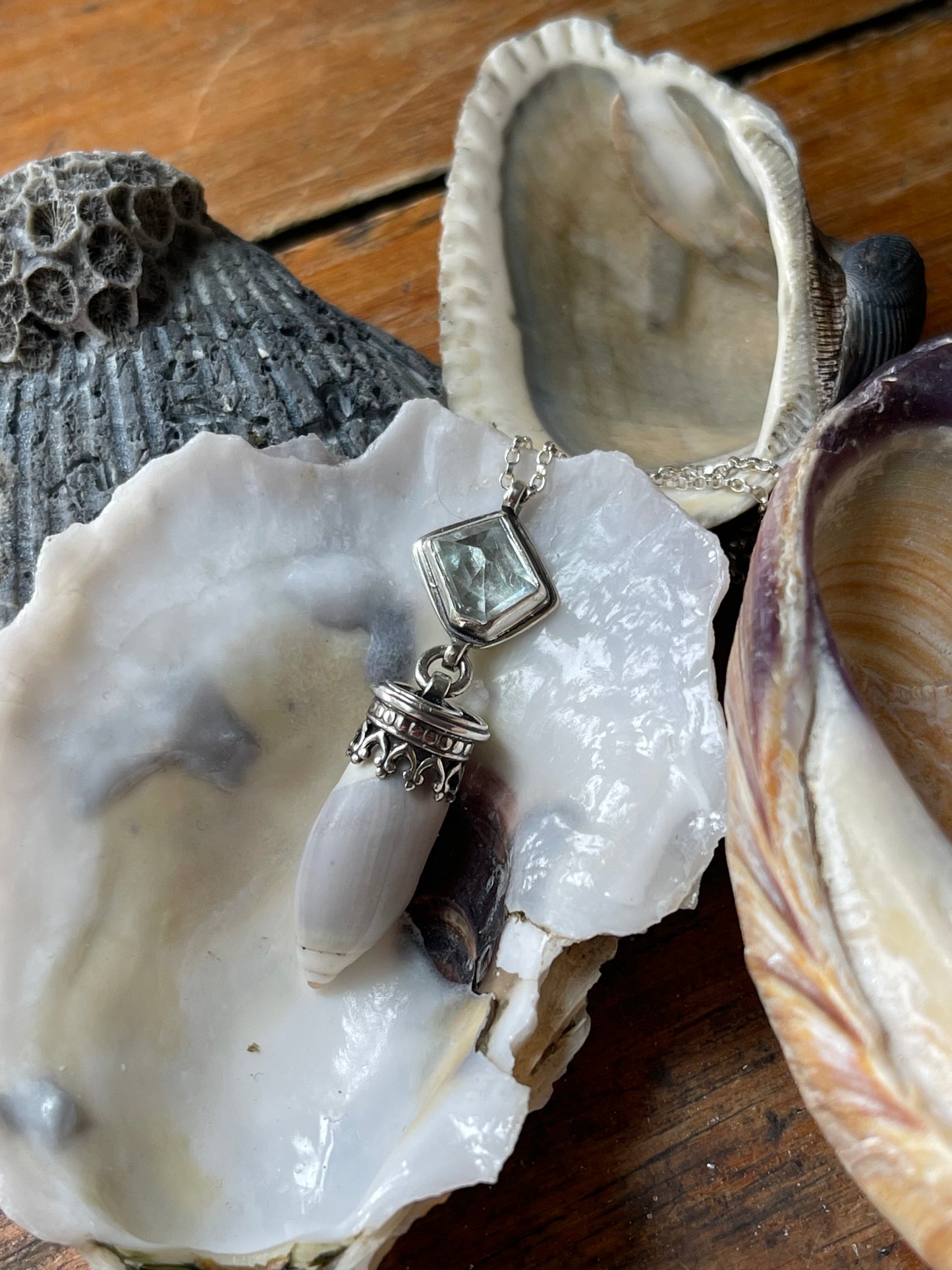 Empress of Tides • Aquamarine & Olive Shell Necklace
