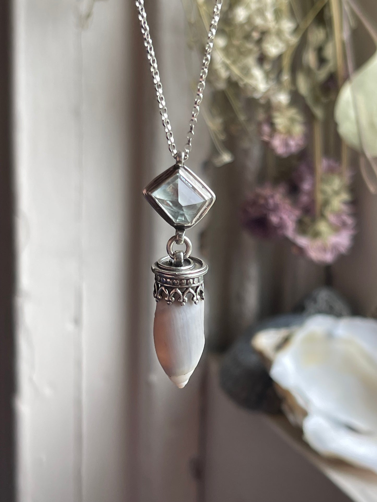 Empress of Tides • Aquamarine & Olive Shell Necklace