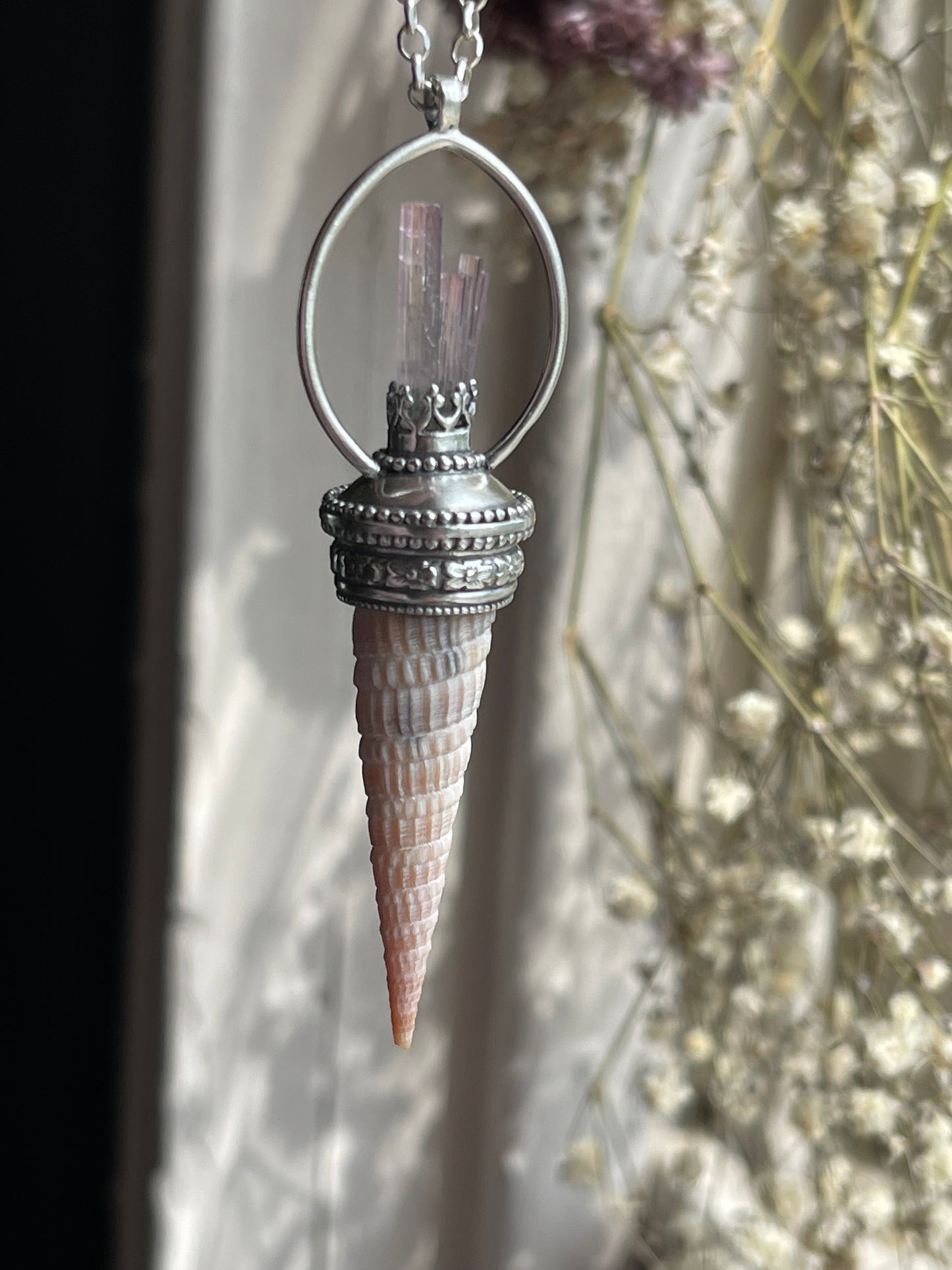 Elafonisi Tides • Pink Watermelon Tourmaline Crystal Shell Statement Pendant Necklace