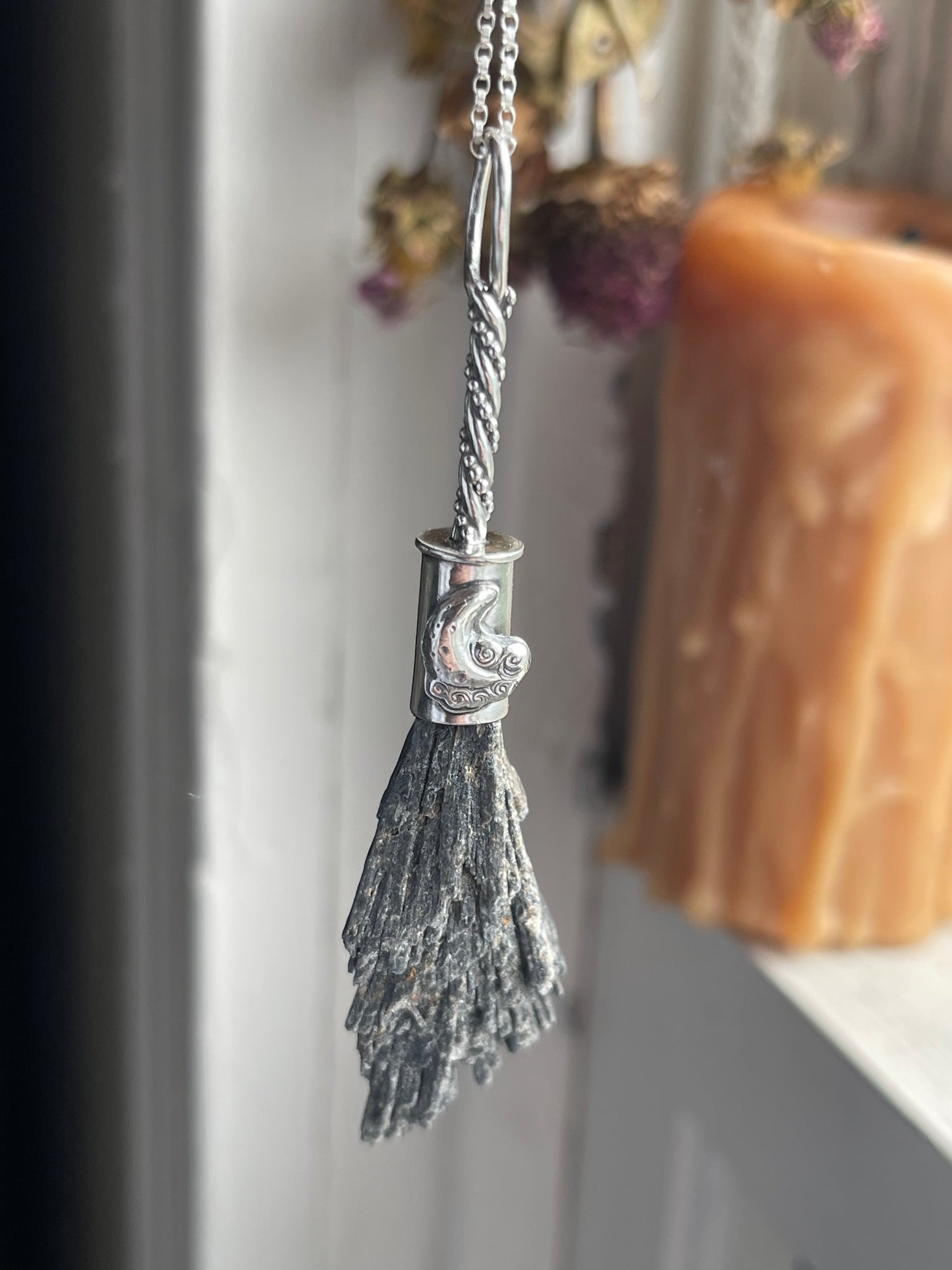 Clouded Crescent Whimsical Lunar Witch Crystal Broom Pendant