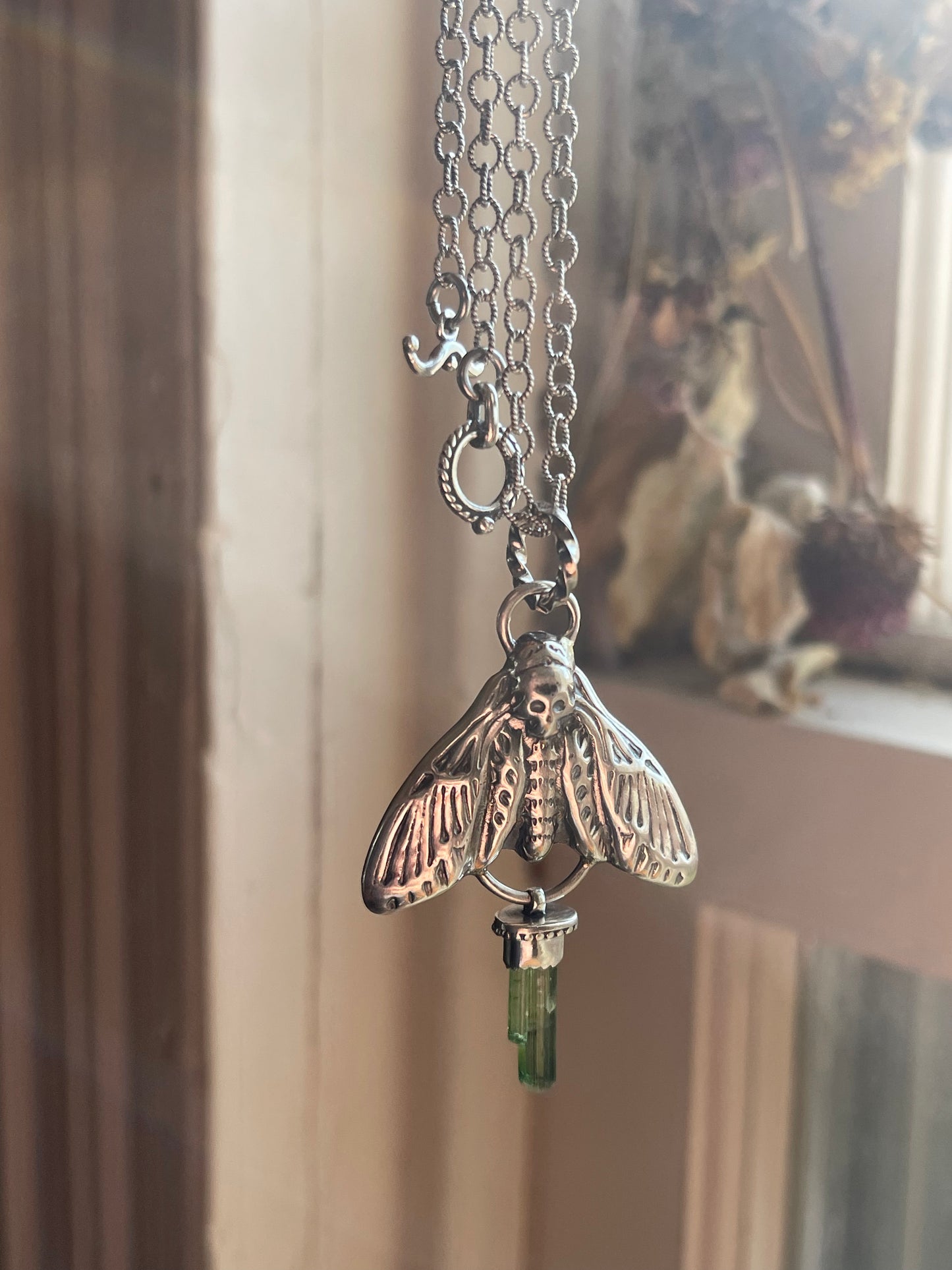 Green Tourmaline Crystal Deathmoth Necklace