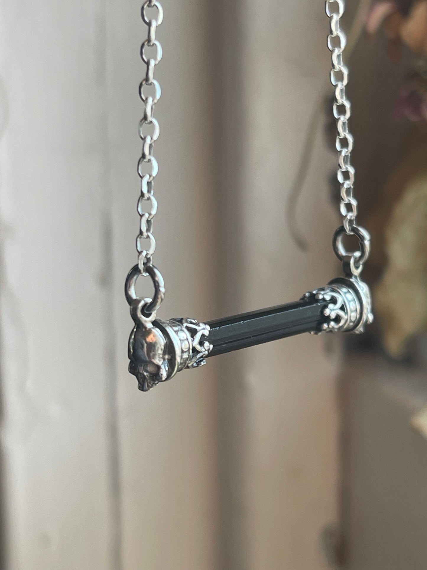 Black Tourmaline Crystal Gothic Skull Bar Necklace