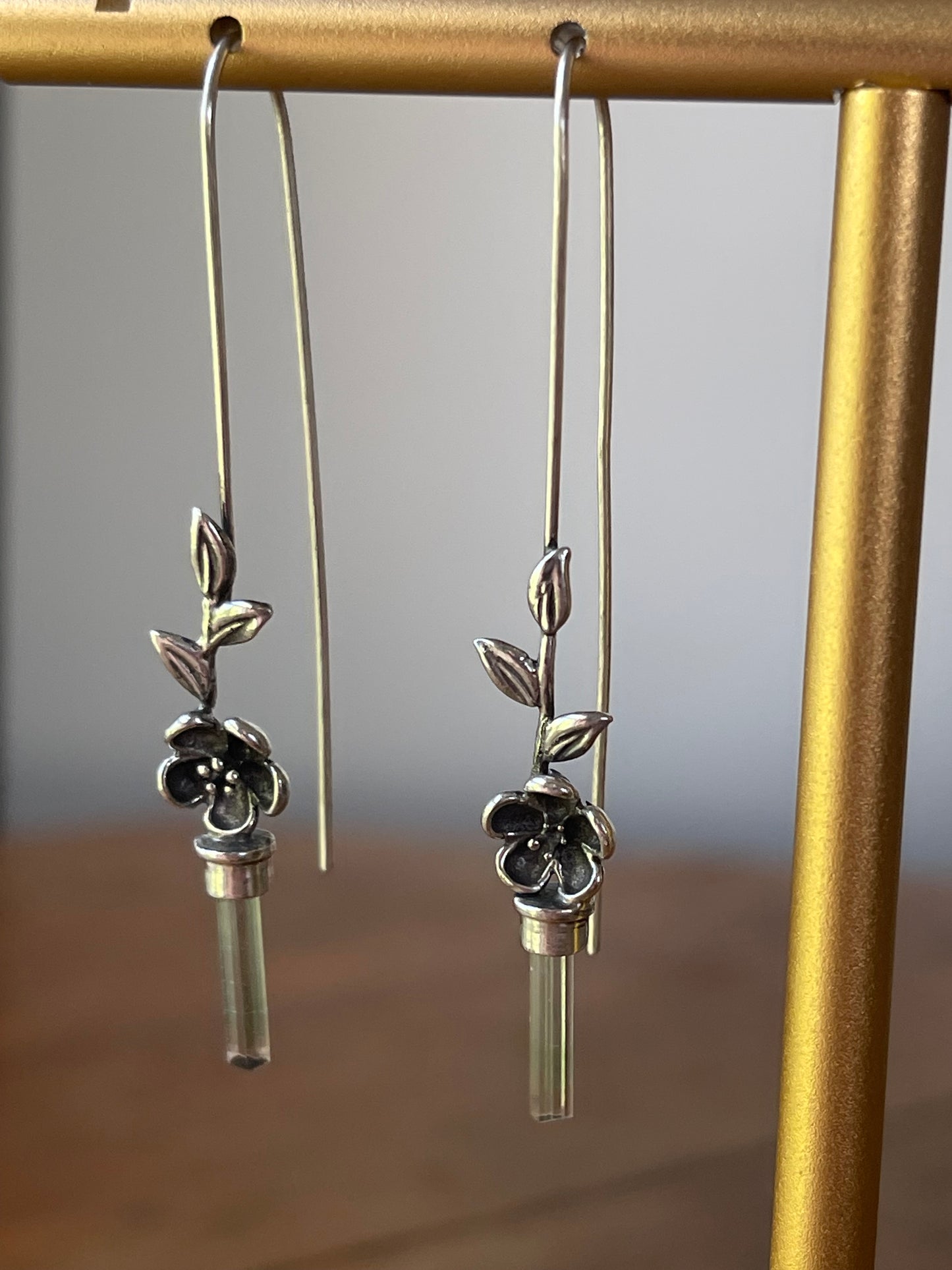 *Blooms on the Vine • Watermelon Tourmaline Crystal Cherry Blossom Long Drop Earrings • Sterling Silver