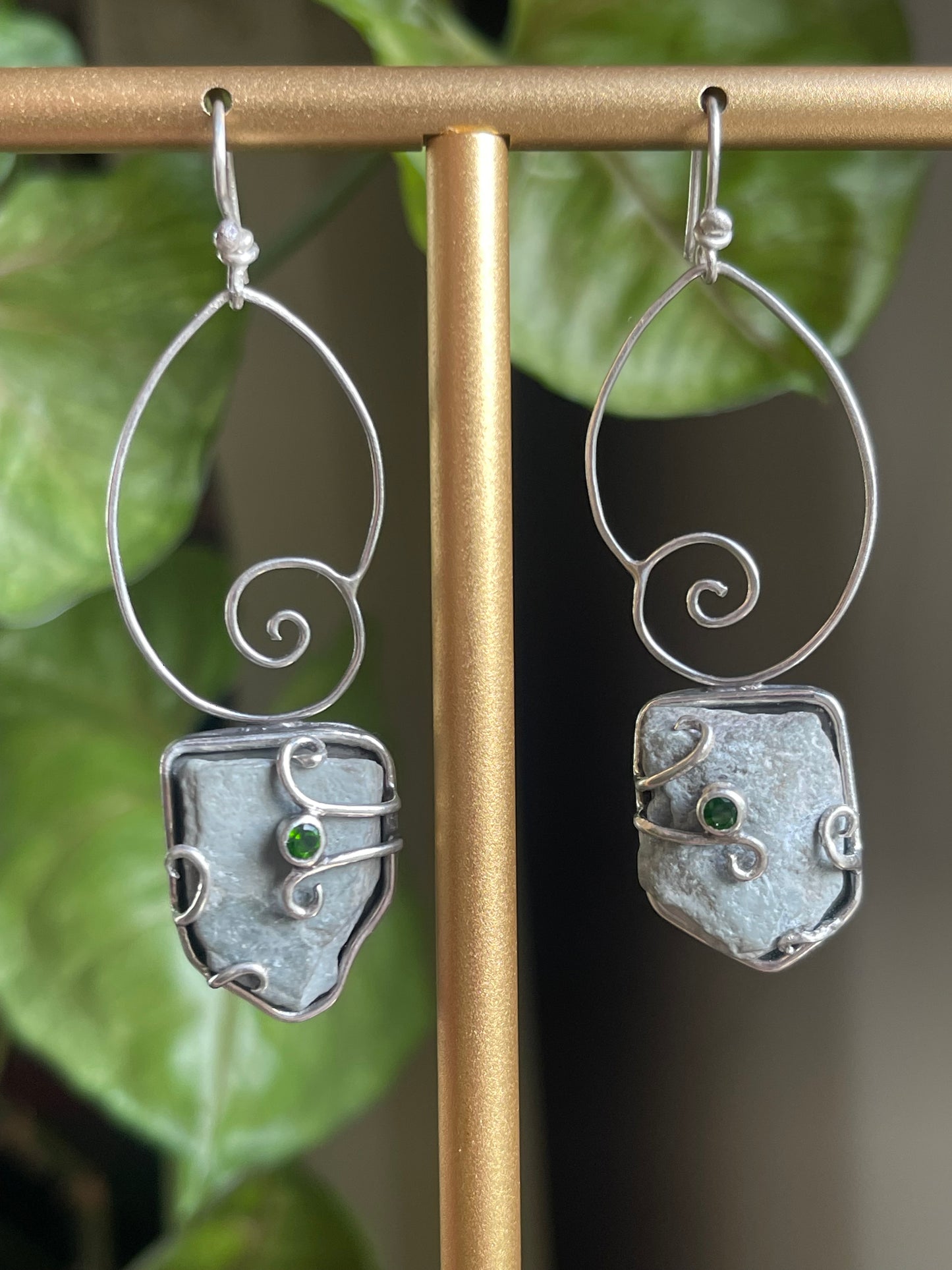 *Forest Snail Dangle Earrings • Chrome Diopside & River Rock • Sterling Silver
