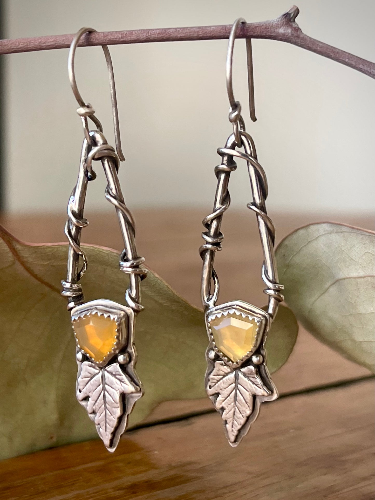 Leaves of Lórien • Oregon Fire Opal Leaf Drop Dangle Earrings