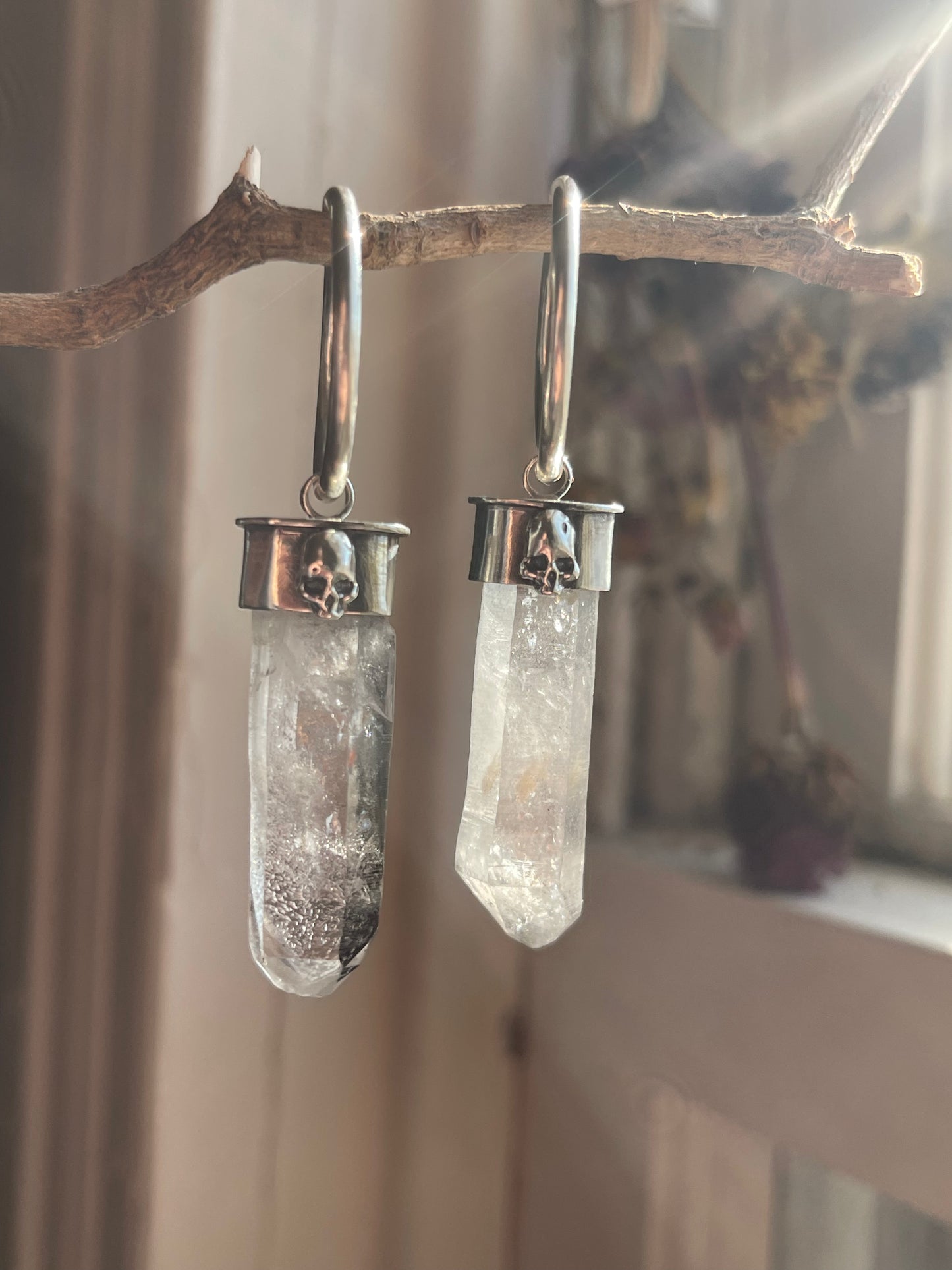 Gauged Tibetan Quartz Skull Ear Hanger Hoops