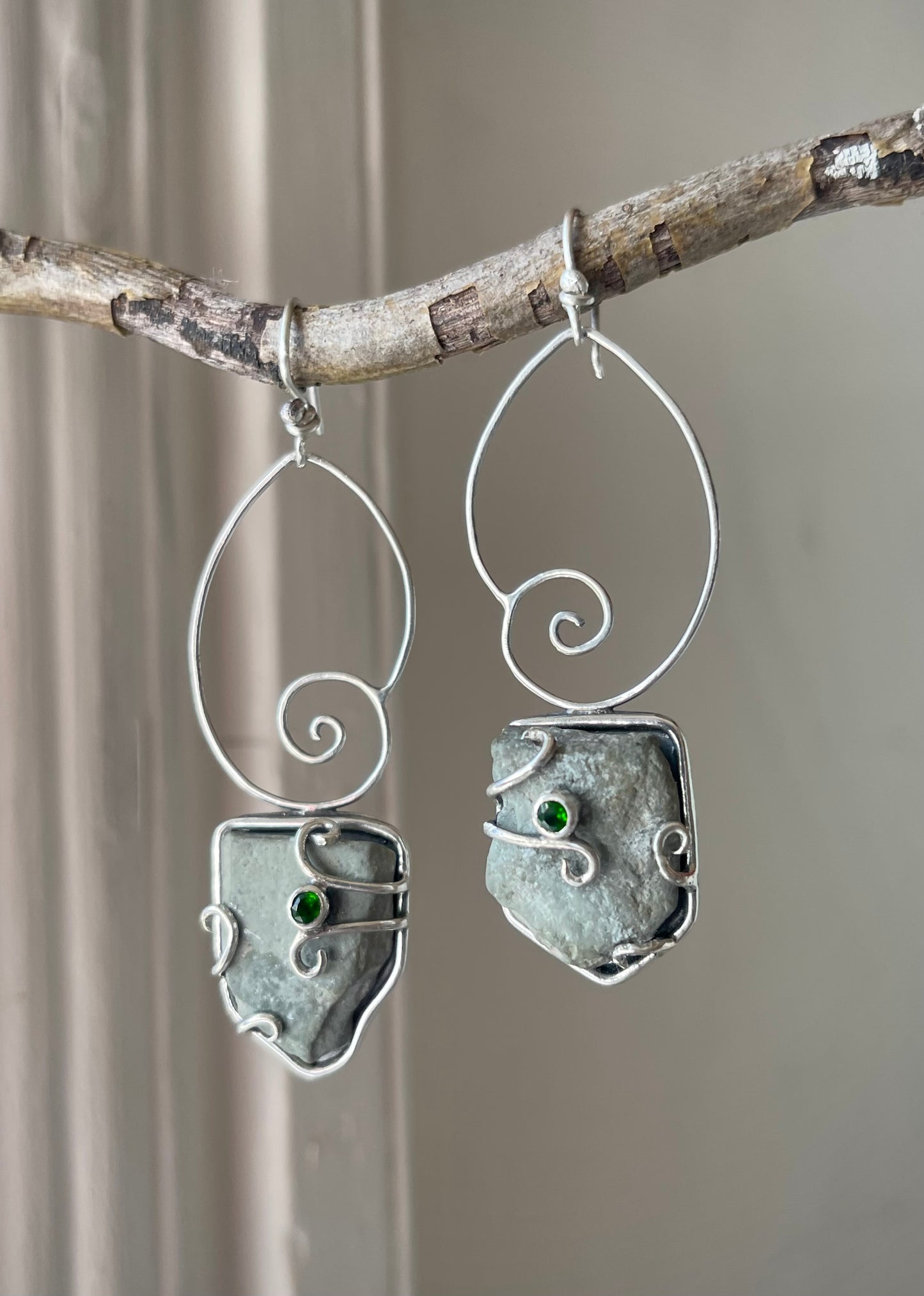 *Forest Snail Dangle Earrings • Chrome Diopside & River Rock • Sterling Silver
