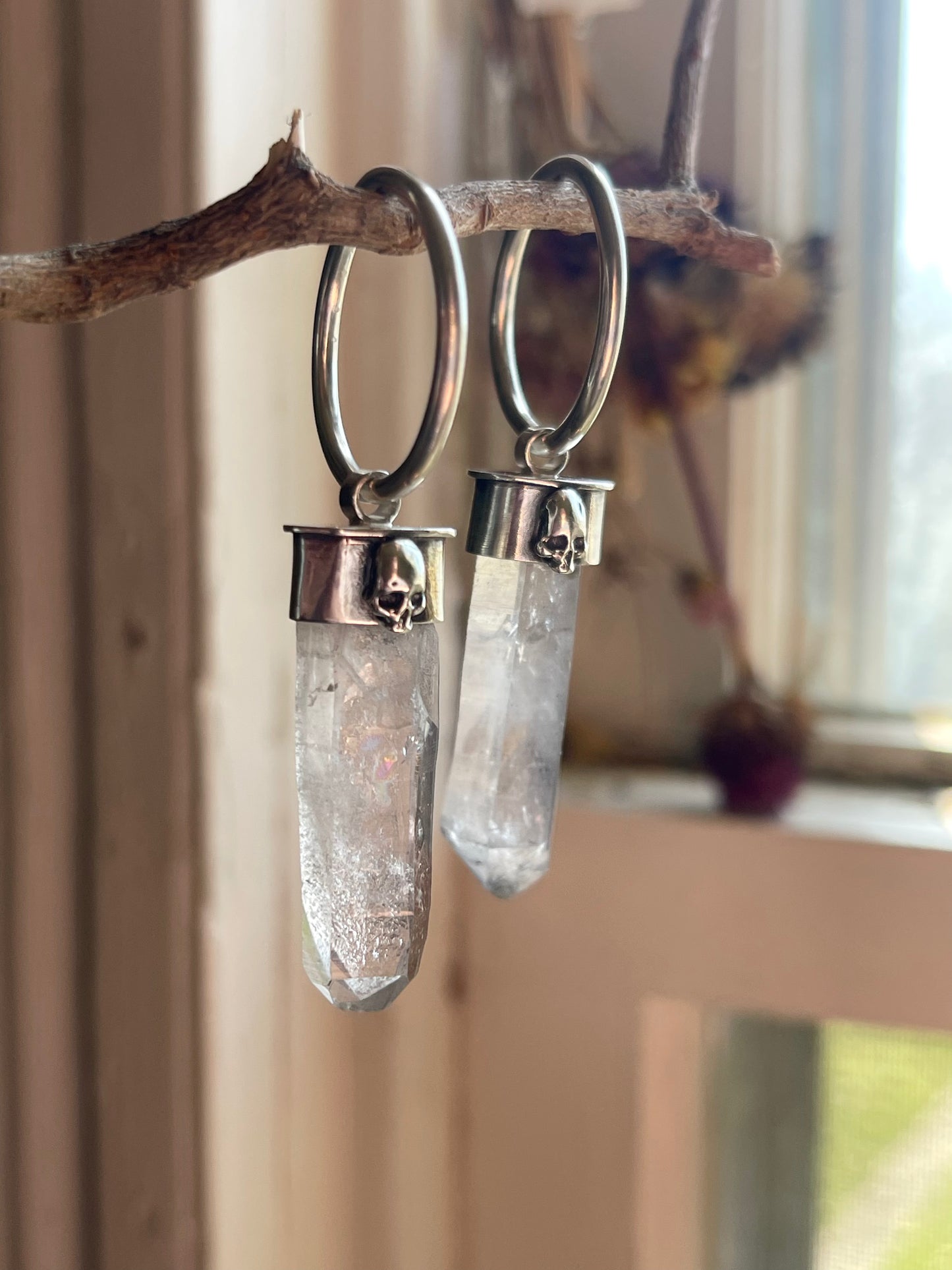 Gauged Tibetan Quartz Skull Ear Hanger Hoops