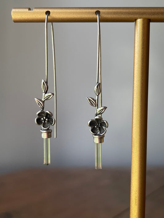 Blooms on the Vine • Watermelon Tourmaline Crystal Cherry Blossom Long Drop Earrings • Sterling Silver