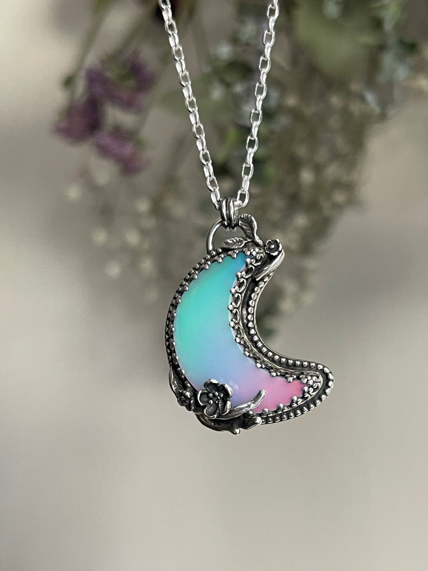 *Pink Moon • Aurora Opal Cherry Blossom Crescent Moon Statement Pendant necklace
