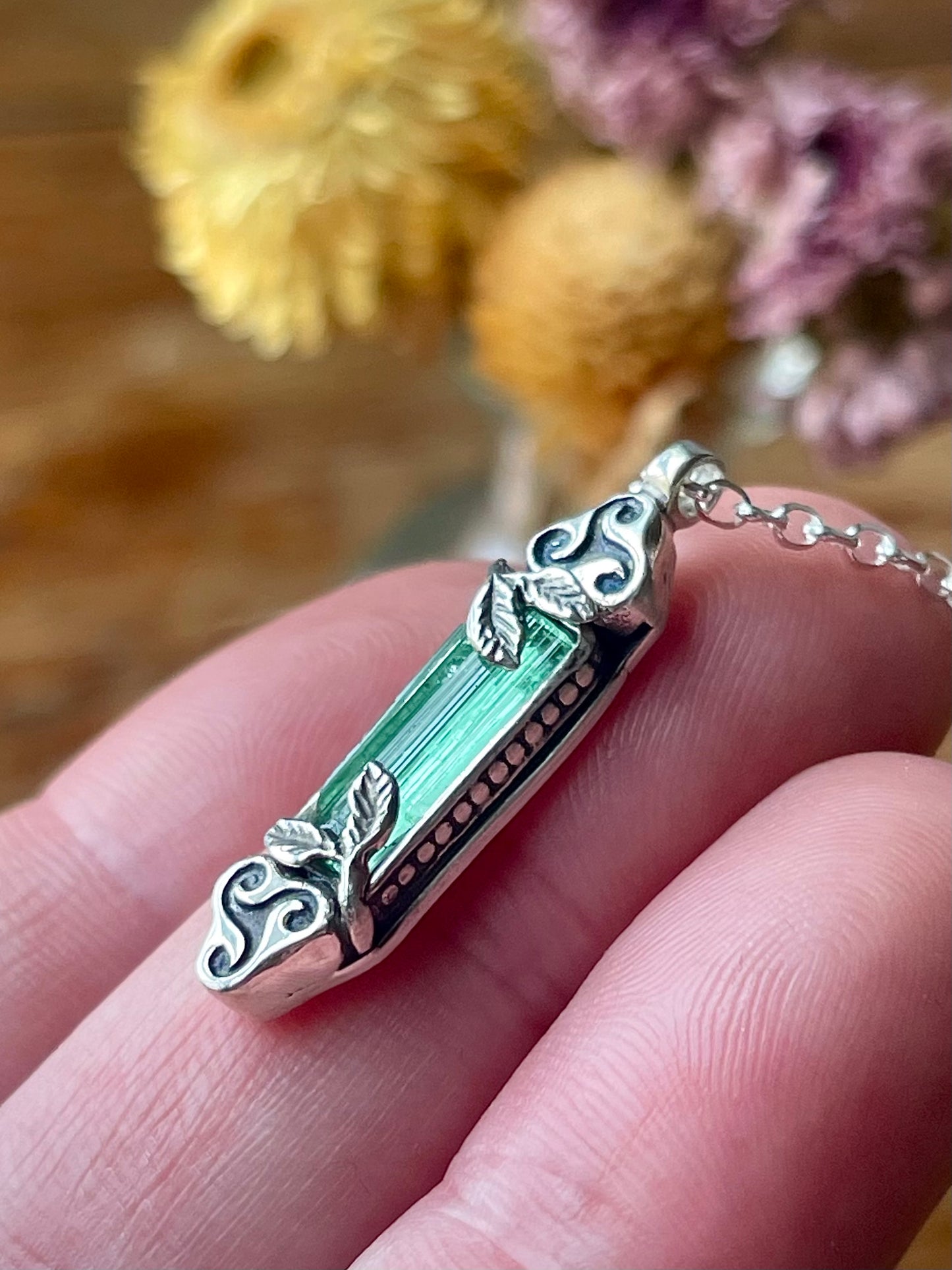 *Mabon’s Treasure • Green Tourmaline Crystal Triskelion Celtic Pendant Necklace