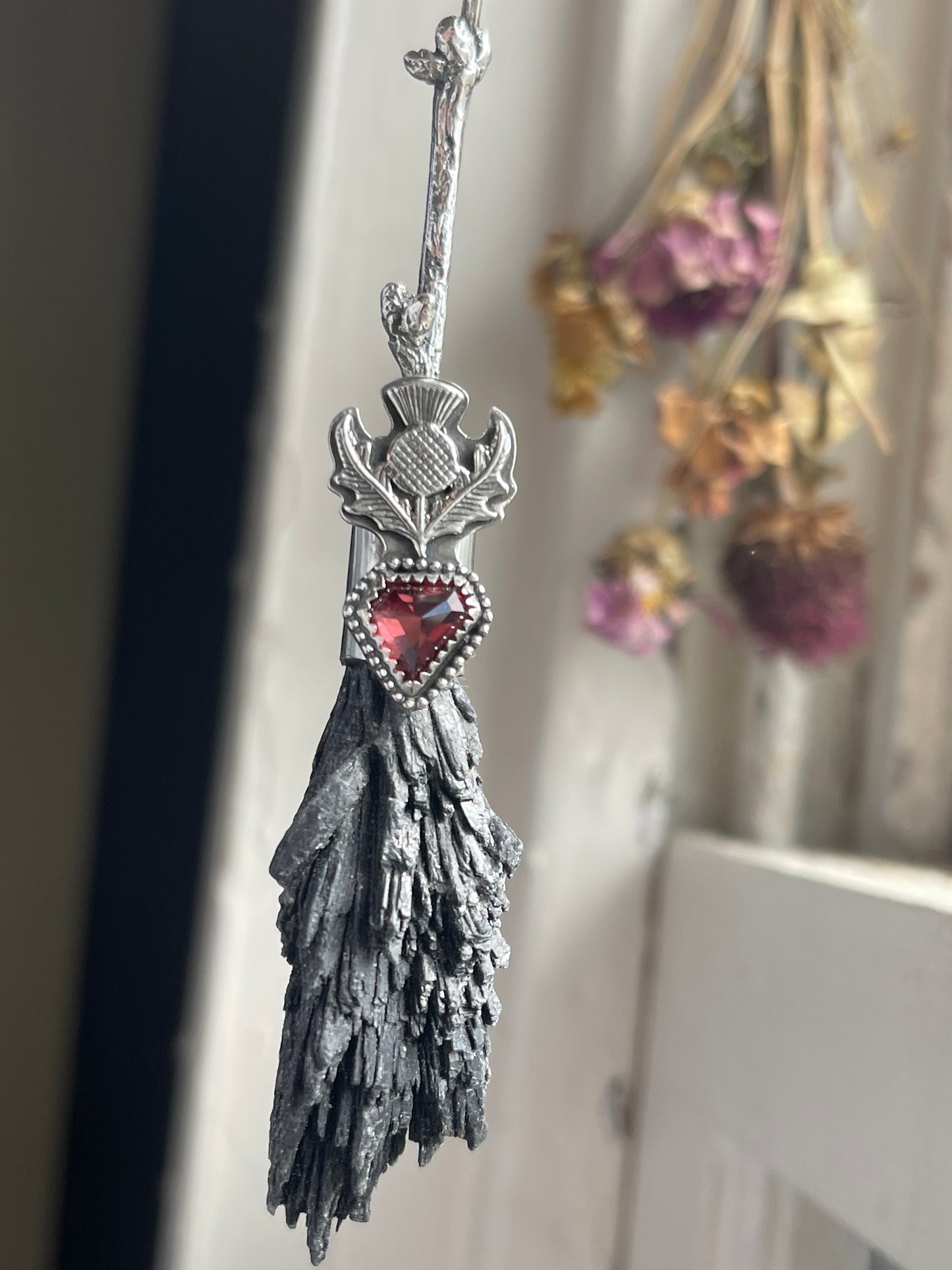 Cottage Witch Thistle Garnet Crystal Broom Pendant