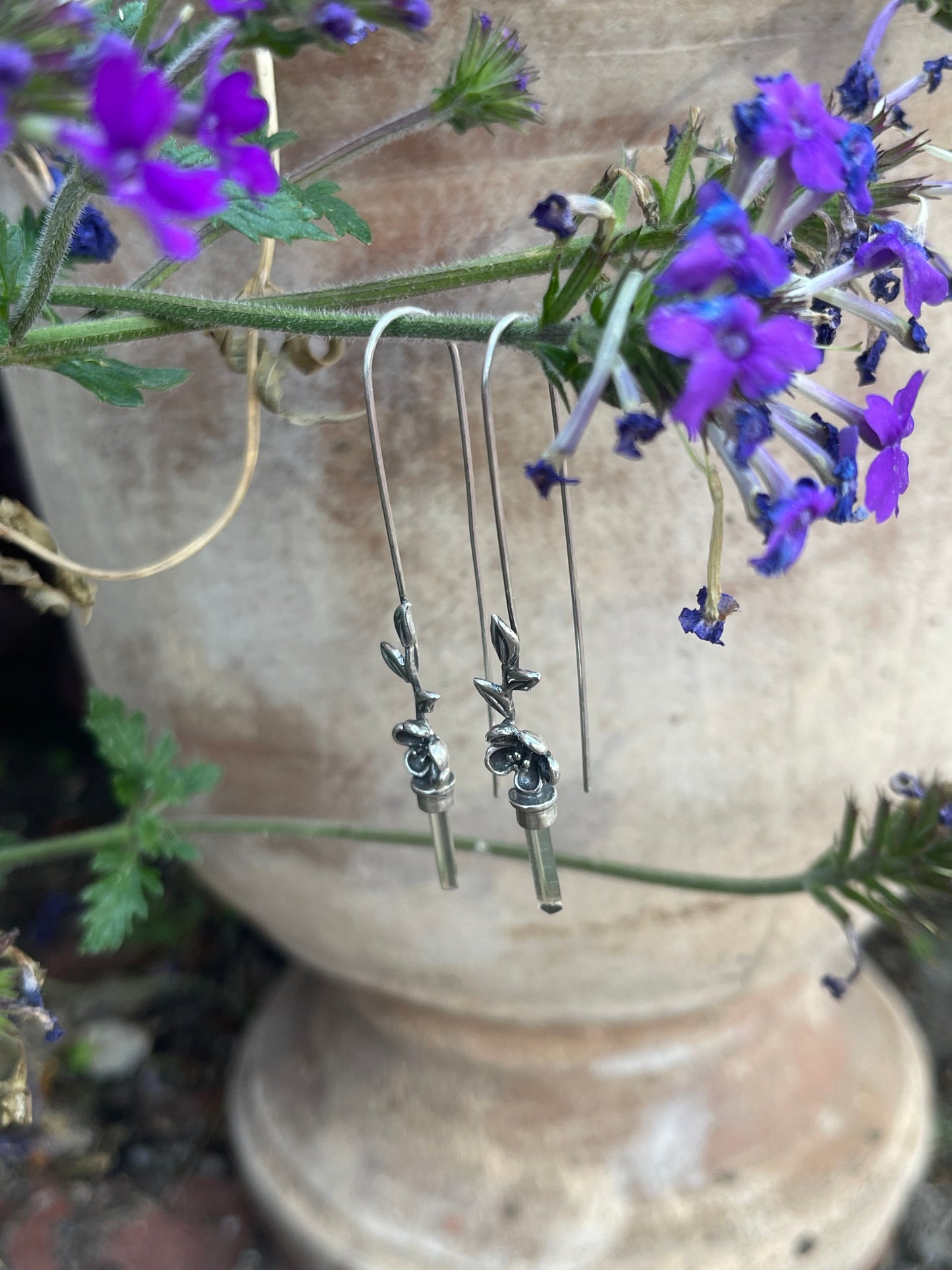 *Blooms on the Vine • Watermelon Tourmaline Crystal Cherry Blossom Long Drop Earrings • Sterling Silver