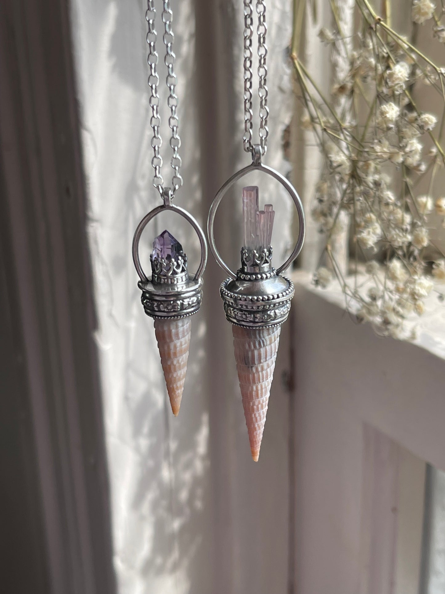 Elafonisi Tides • Pink Watermelon Tourmaline Crystal Shell Statement Pendant Necklace
