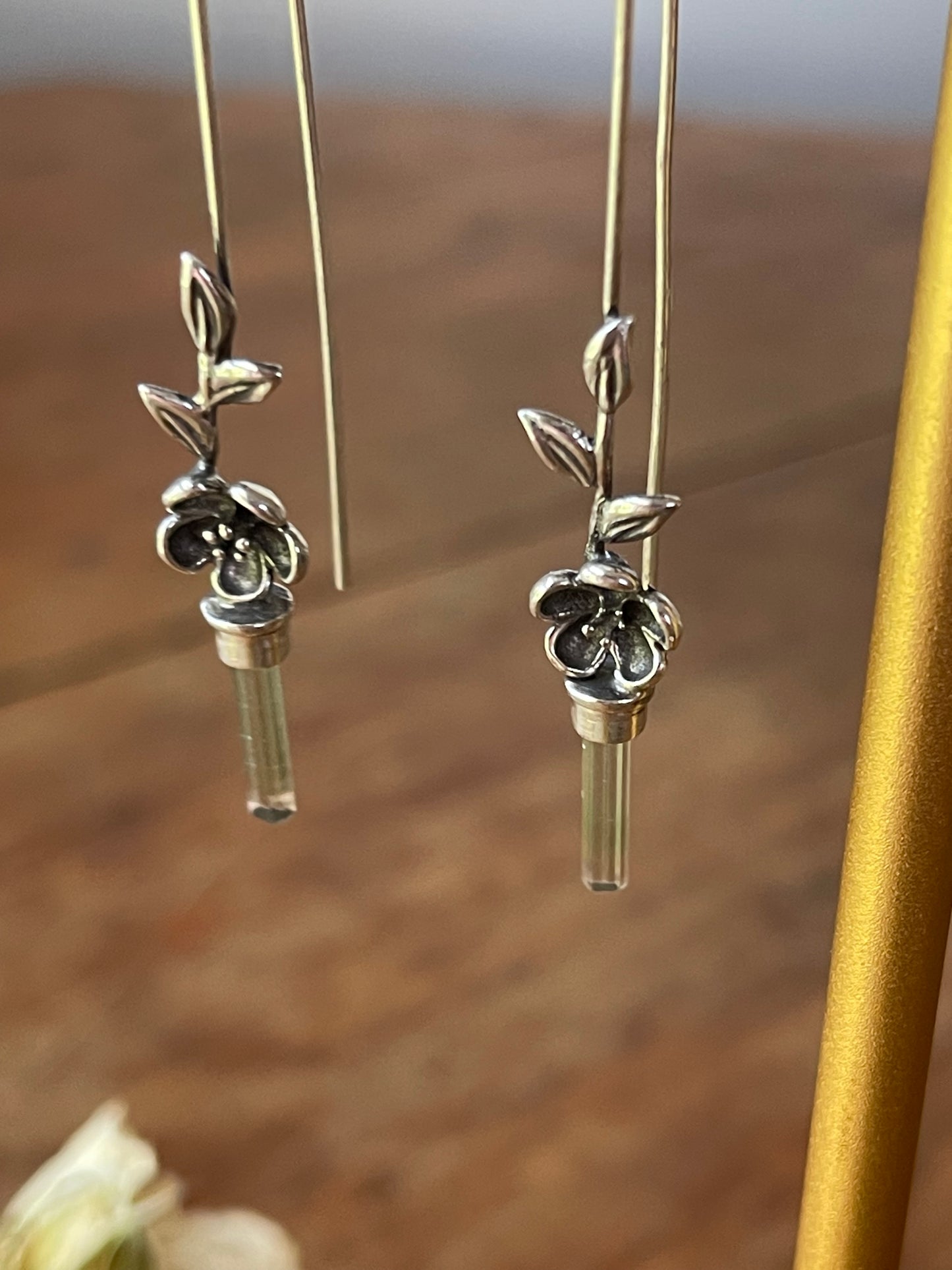 *Blooms on the Vine • Watermelon Tourmaline Crystal Cherry Blossom Long Drop Earrings • Sterling Silver