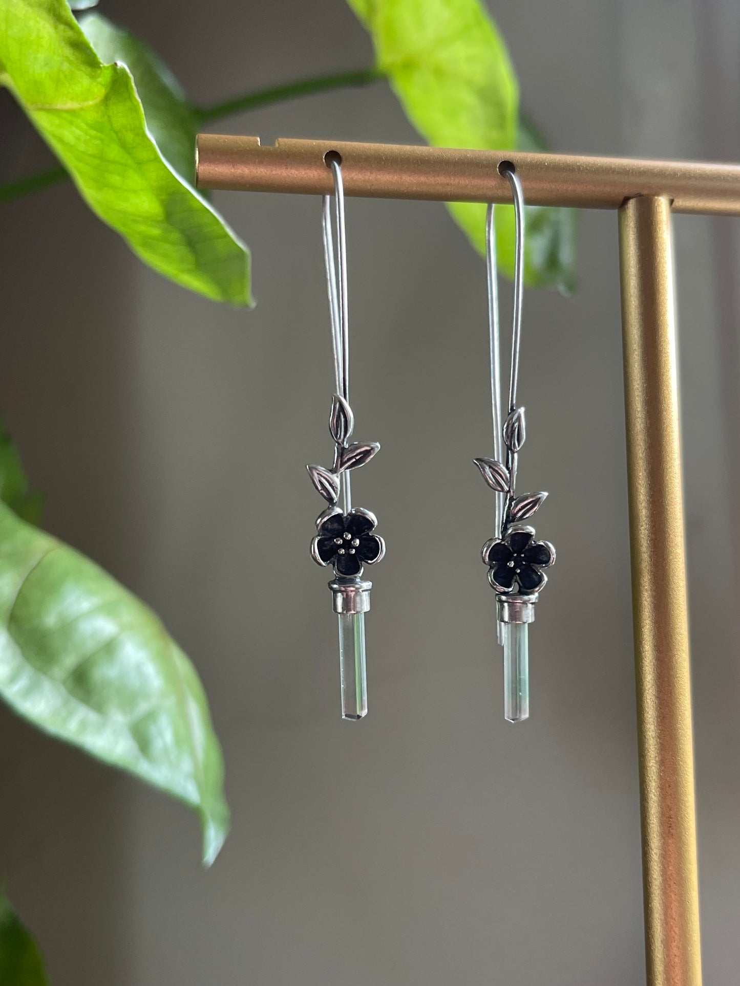 *Blooms on the Vine • Watermelon Tourmaline Crystal Cherry Blossom Long Drop Earrings • Sterling Silver